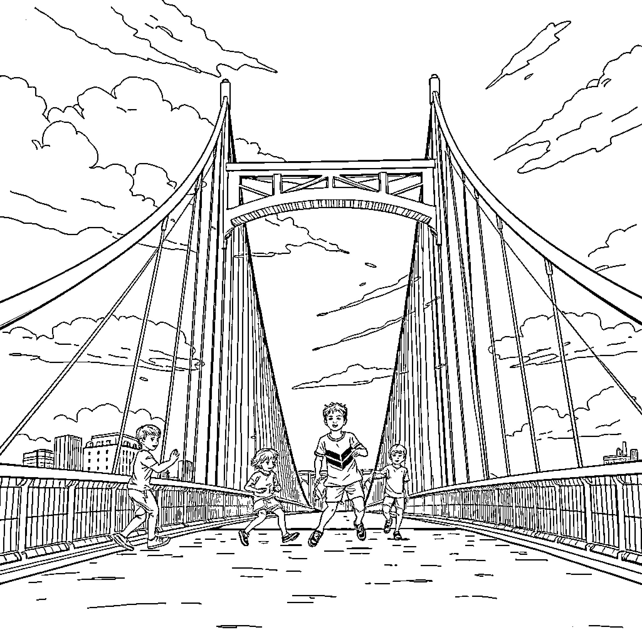 BTS group members crossing suspension bridge Coloring Page (free black-and-white line drawing printable PDF for all, from beginners to advanced learners, including children, teens, adults, and seniors)