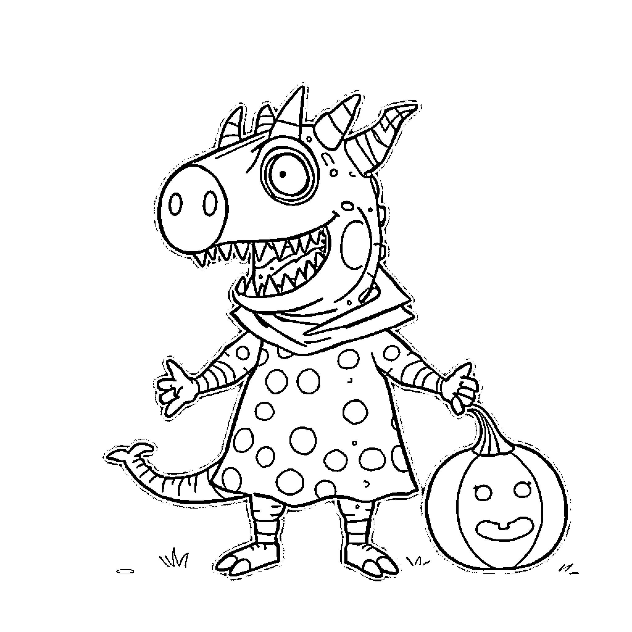Demogorgon Monster Posing with Pumpkin Coloring Page (free black-and-white line drawing printable PDF for all, from beginners to advanced learners, including children, teens, adults, and seniors)