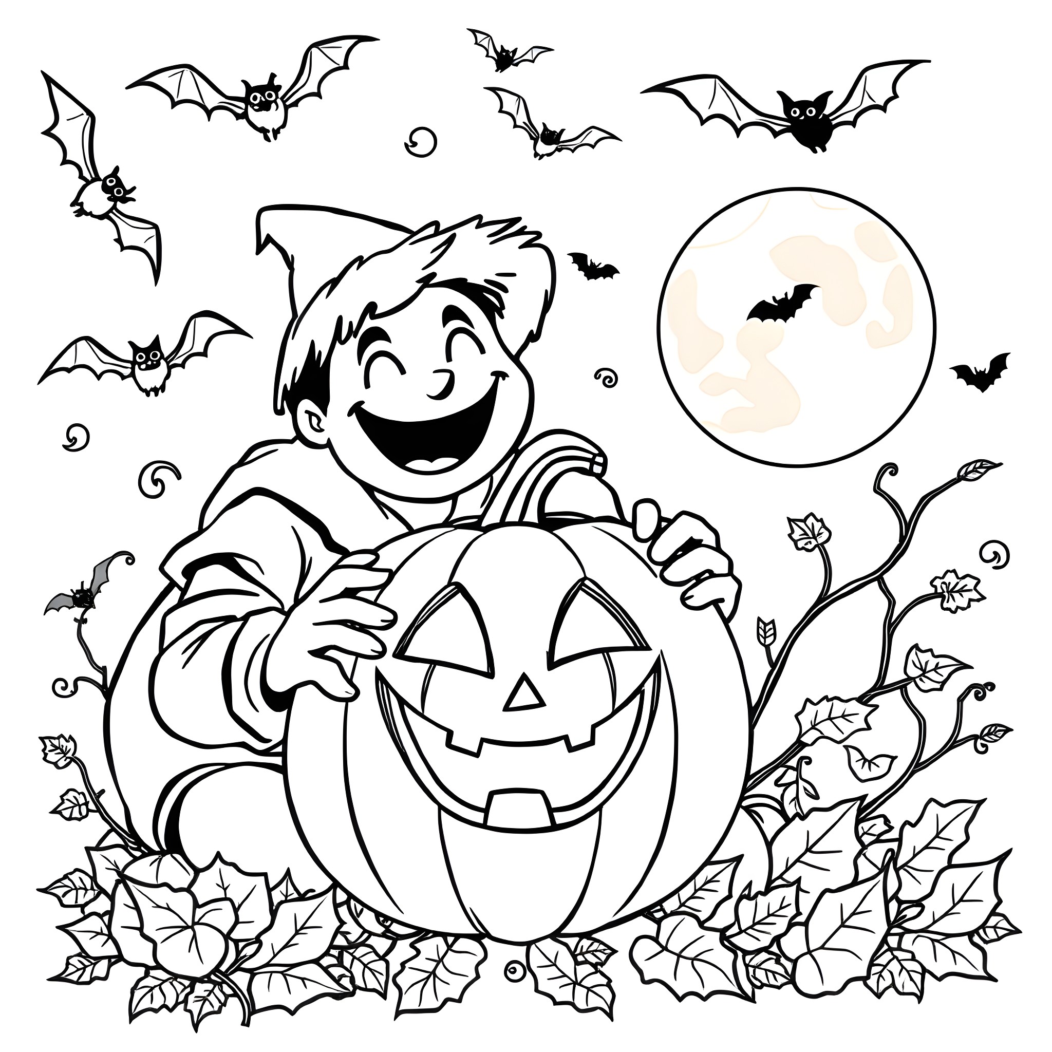 Pumpkin-Dressed Boy Enjoying Halloween Night Coloring Page (free black-and-white line drawing printable PDF for all, from beginners to advanced learners, including children, teens, adults, and seniors)