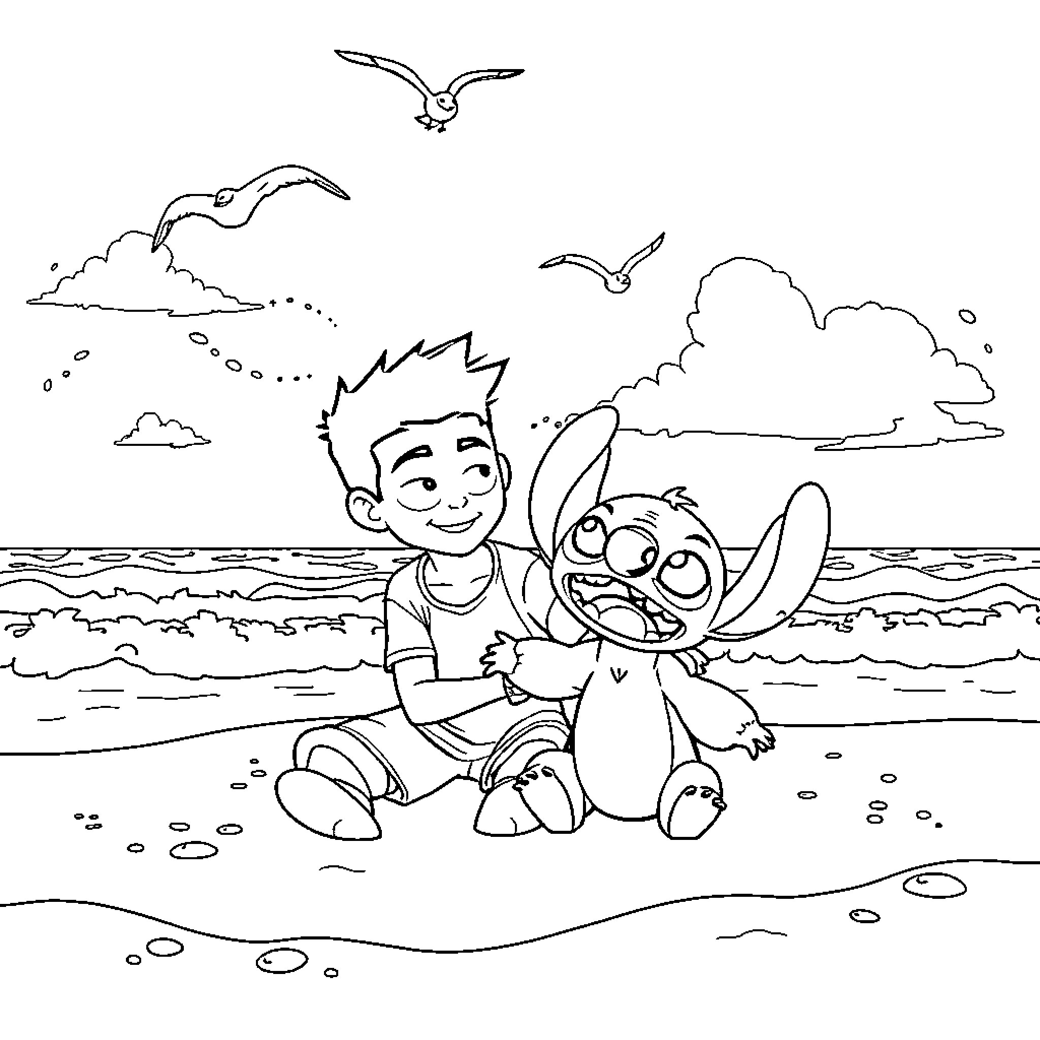 Miles Morales enjoying the beach with Stitch Coloring Page (free black-and-white line drawing printable PDF for all, from beginners to advanced learners, including children, teens, adults, and seniors)