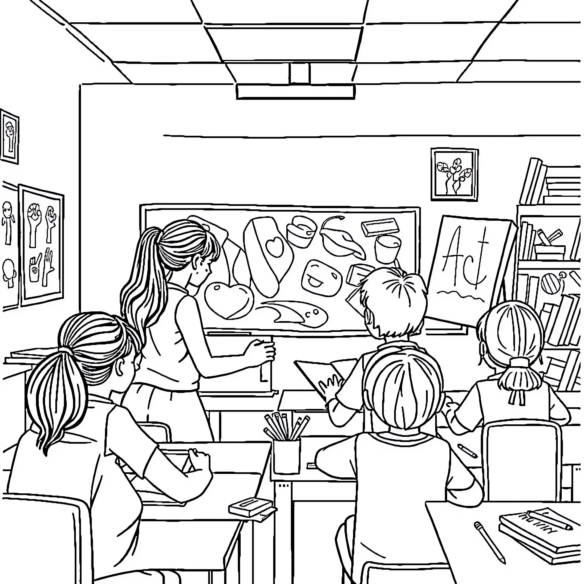 Education of creative students in an art classroom Coloring Page (free black-and-white line drawing printable PDF for all, from beginners to advanced learners, including children, teens, adults, and seniors)