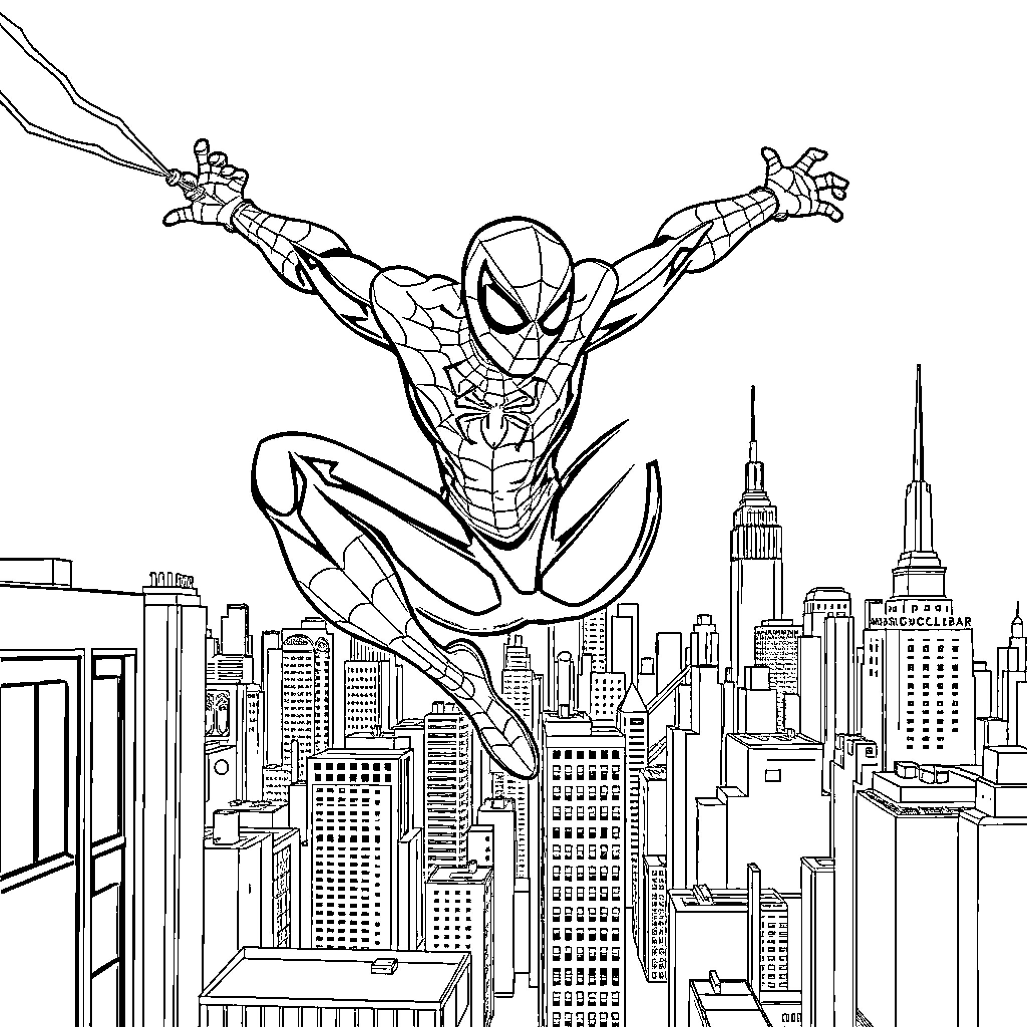 Spider-Man swinging over the cityscape Coloring Page (free black-and-white line drawing printable PDF for all, from beginners to advanced learners, including children, teens, adults, and seniors)