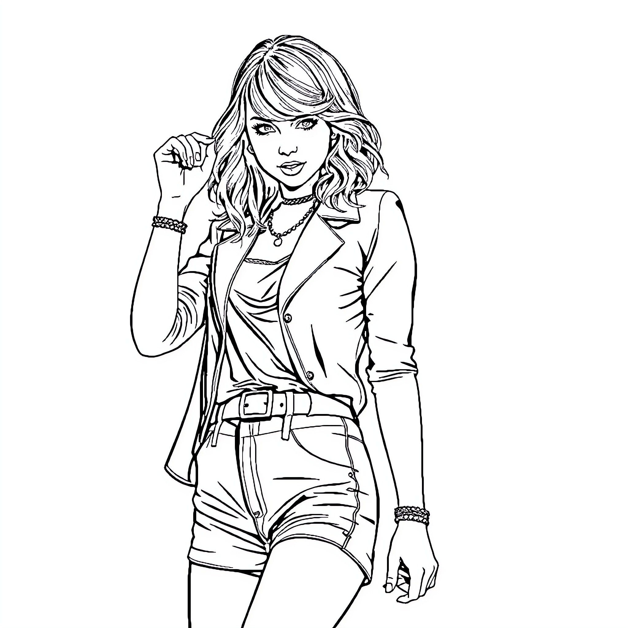 Taylor Swift stylish pose in casual outfit Coloring Page (free black-and-white line drawing printable PDF for all, from beginners to advanced learners, including children, teens, adults, and seniors)