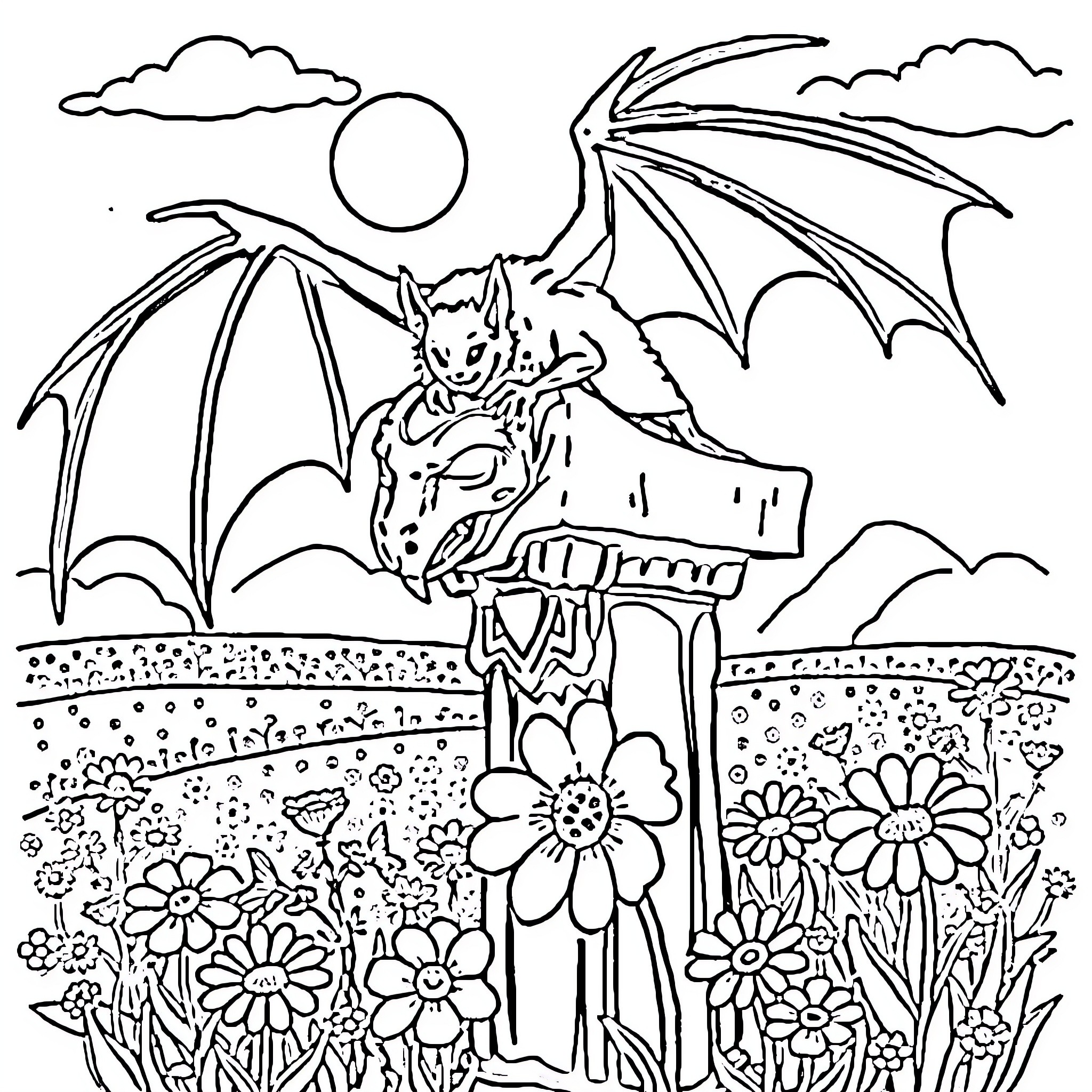 Bat sitting on a flower in a garden Coloring Page (free black-and-white line drawing printable PDF for all, from beginners to advanced learners, including children, teens, adults, and seniors)