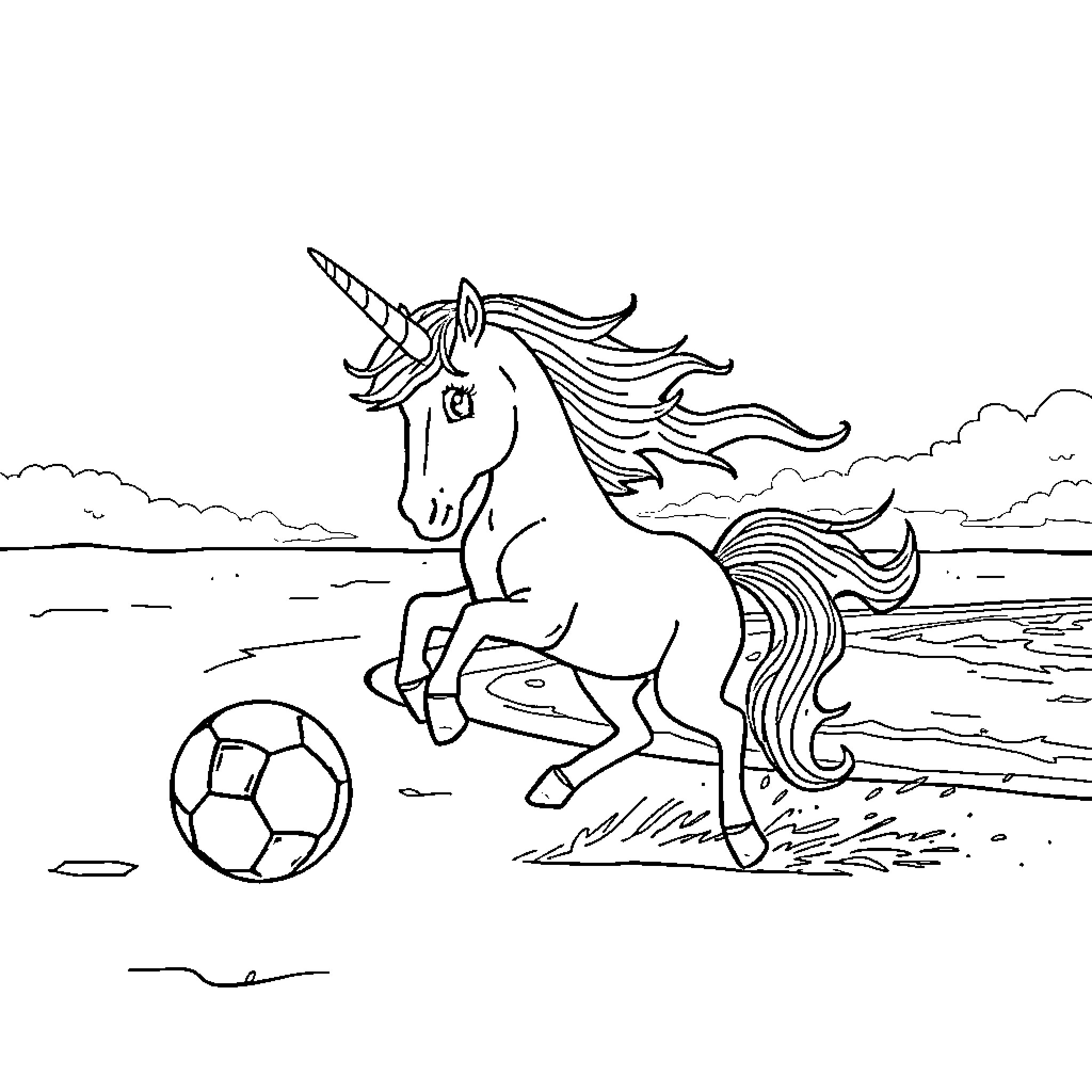 Unicorn playing with soccer ball on the beach Coloring Page (free black-and-white line drawing printable PDF for all, from beginners to advanced learners, including children, teens, adults, and seniors)
