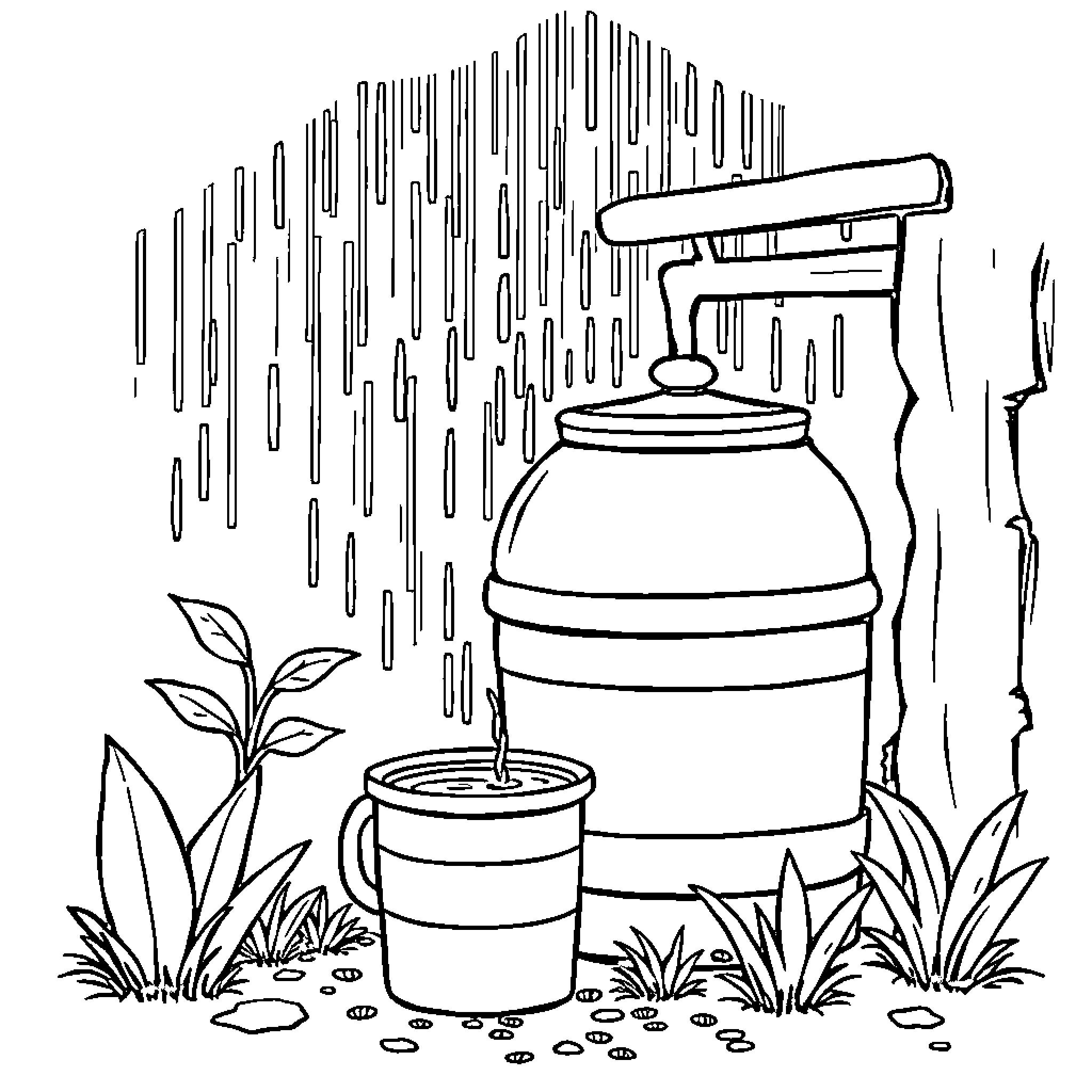 Rain Harvesting Apparatus Amid Lush Greenery Coloring Page (free black-and-white line drawing printable PDF for all, from beginners to advanced learners, including children, teens, adults, and seniors)