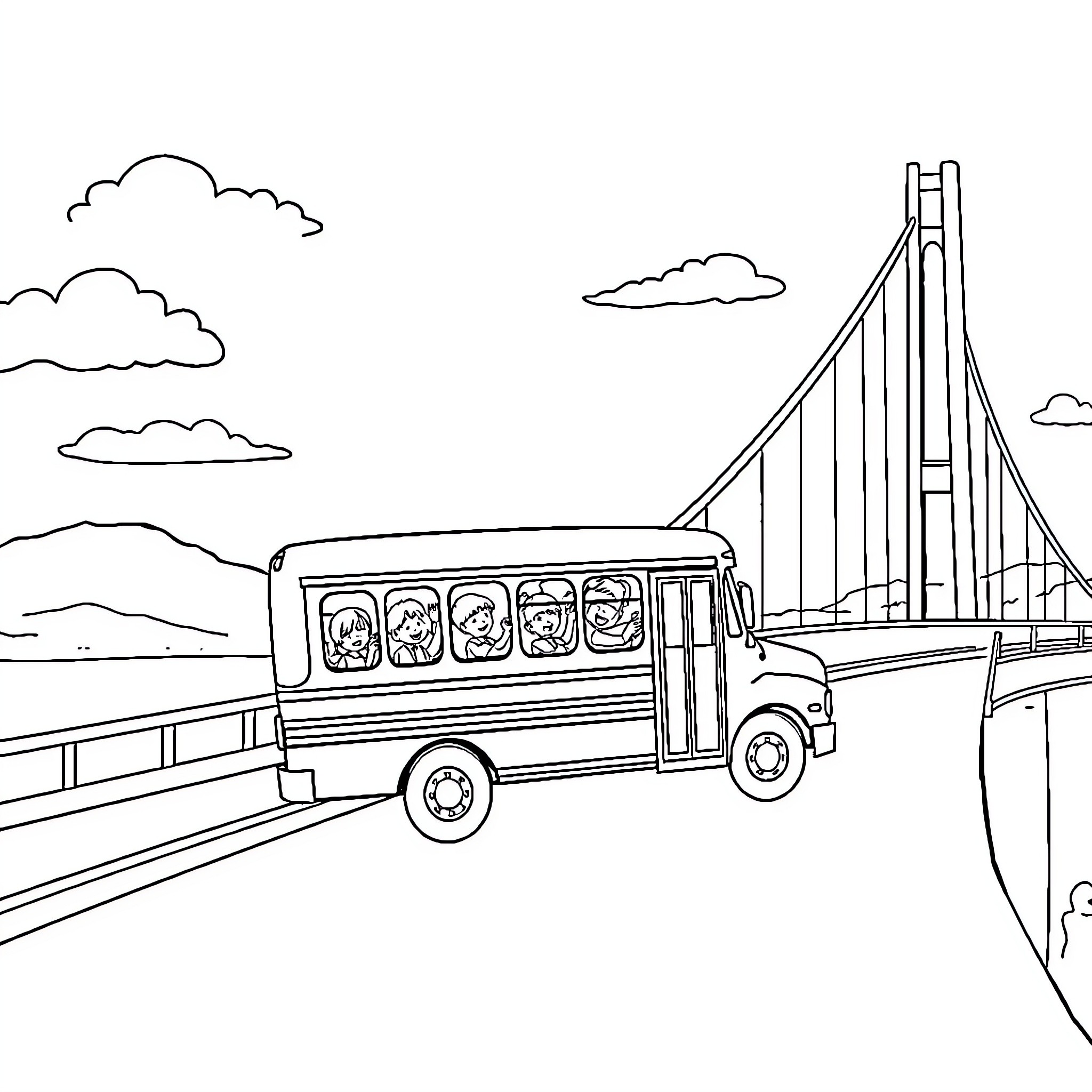 Bus Crossing Suspension Bridge with Cloudy Skies Coloring Page (free black-and-white line drawing printable PDF for all, from beginners to advanced learners, including children, teens, adults, and seniors)