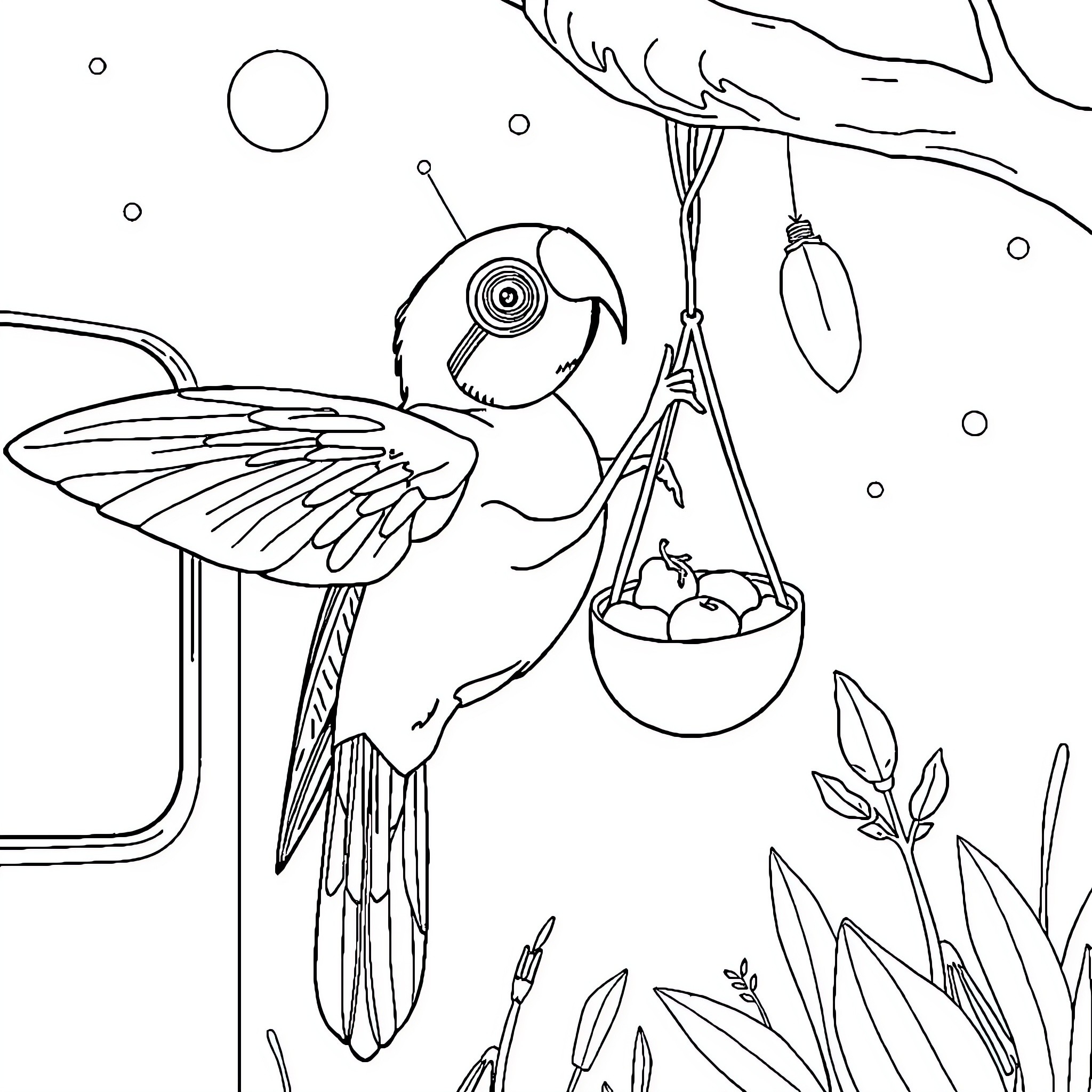 Spider-themed bird carrying nest of eggs in the forest Coloring Page (free black-and-white line drawing printable PDF for all, from beginners to advanced learners, including children, teens, adults, and seniors)