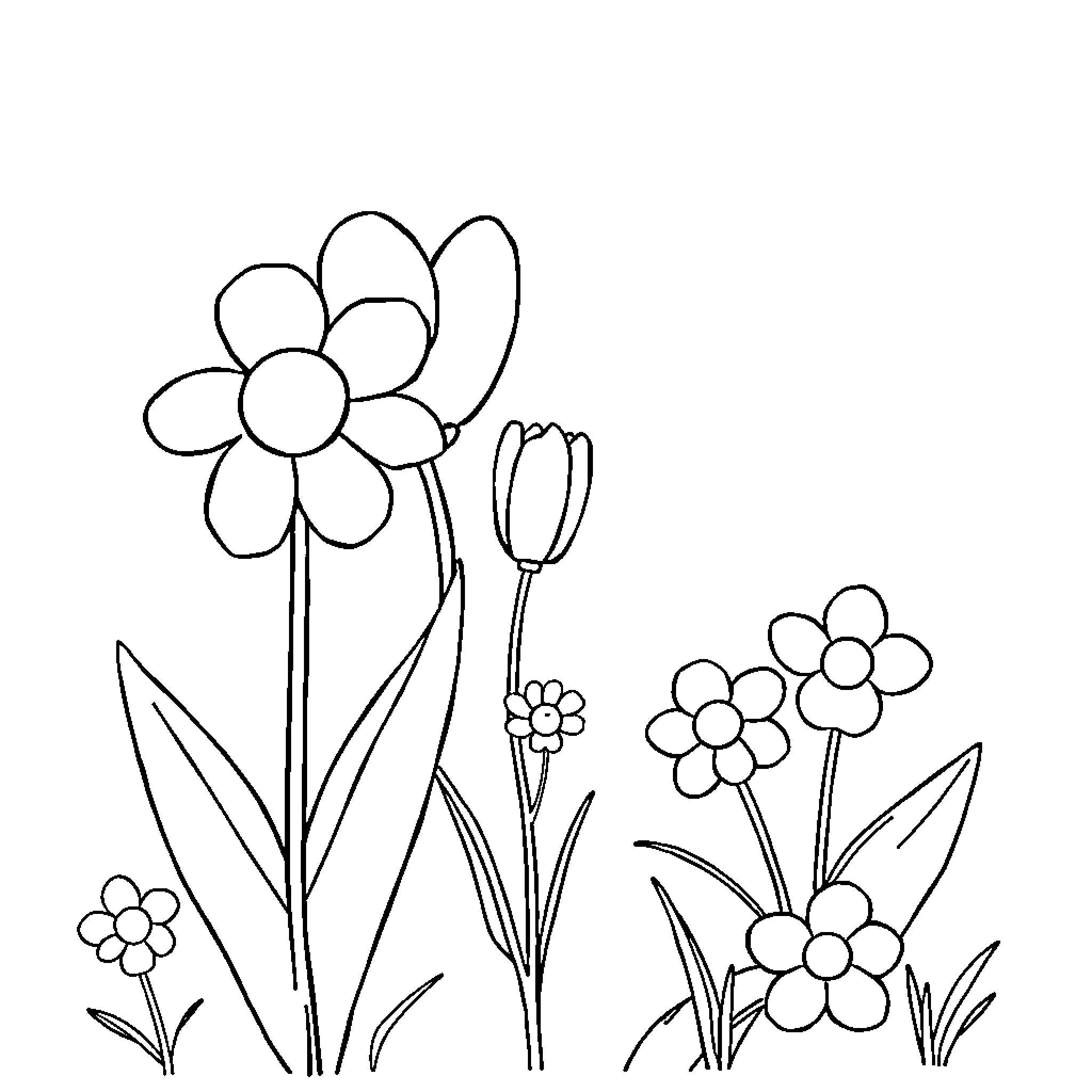 Kids explore floral garden with blooming flowers Coloring Page (free black-and-white line drawing printable PDF for all, from beginners to advanced learners, including children, teens, adults, and seniors)