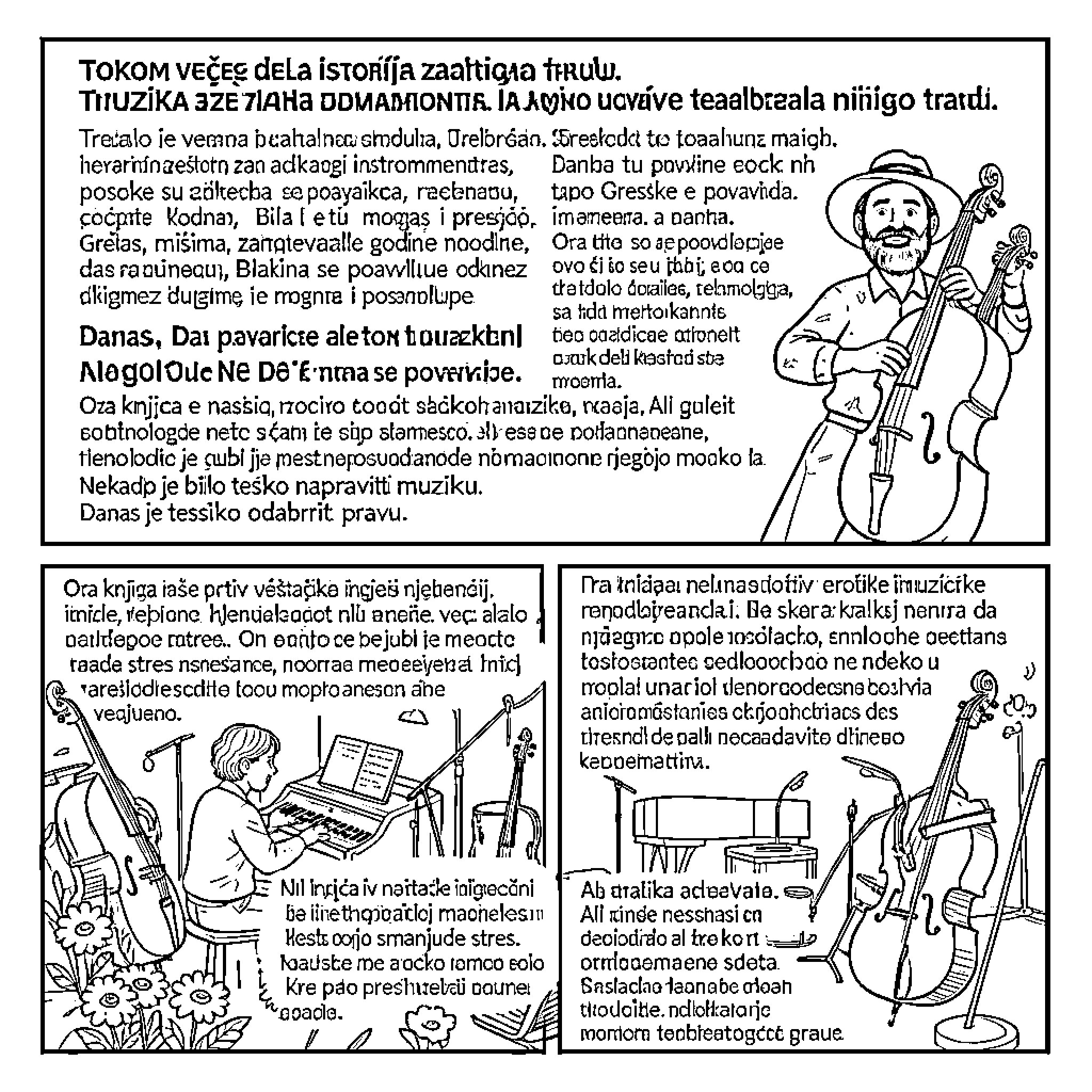 Music performance with stylized figures on stage Coloring Page (free black-and-white line drawing printable PDF for all, from beginners to advanced learners, including children, teens, adults, and seniors)