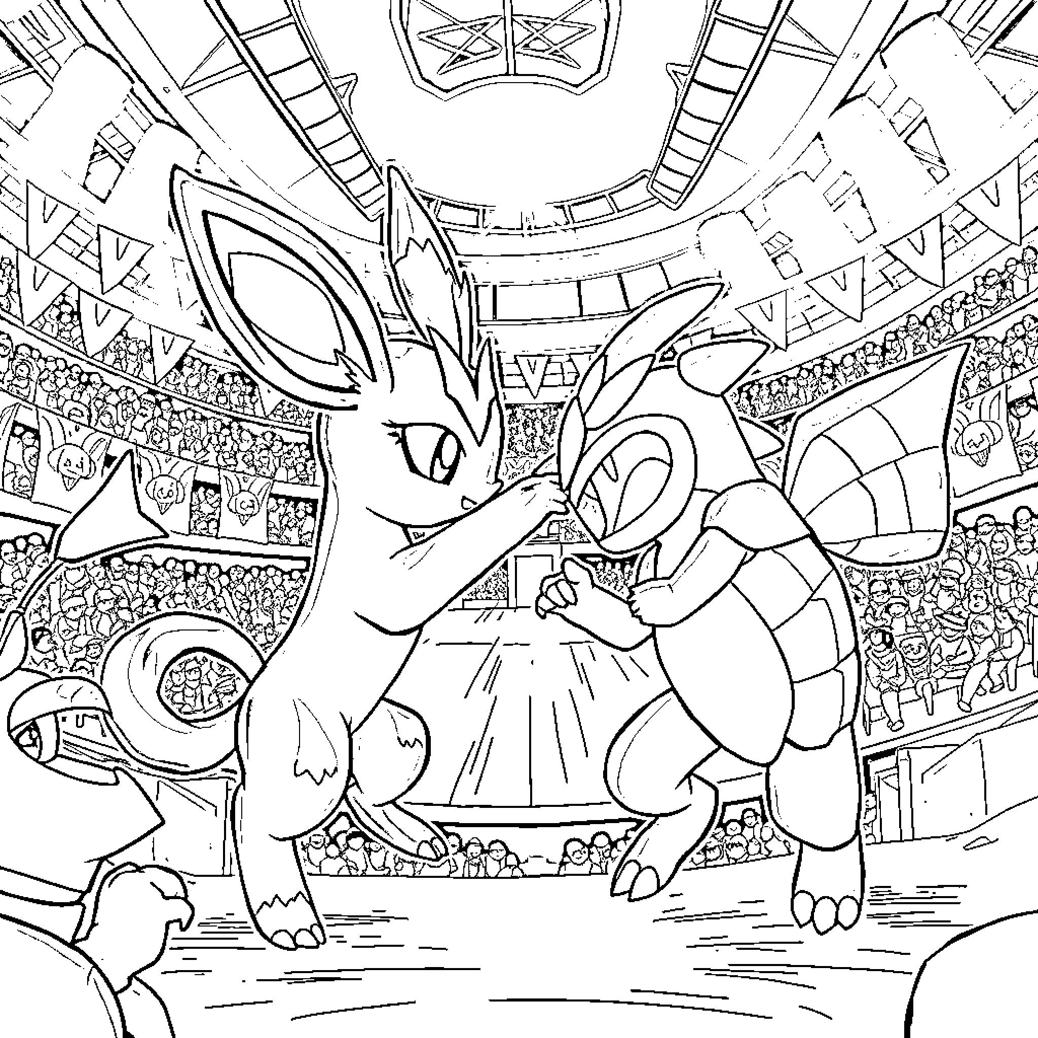 Umbreon battling heroically in a grand arena Coloring Page (free black-and-white line drawing printable PDF for all, from beginners to advanced learners, including children, teens, adults, and seniors)