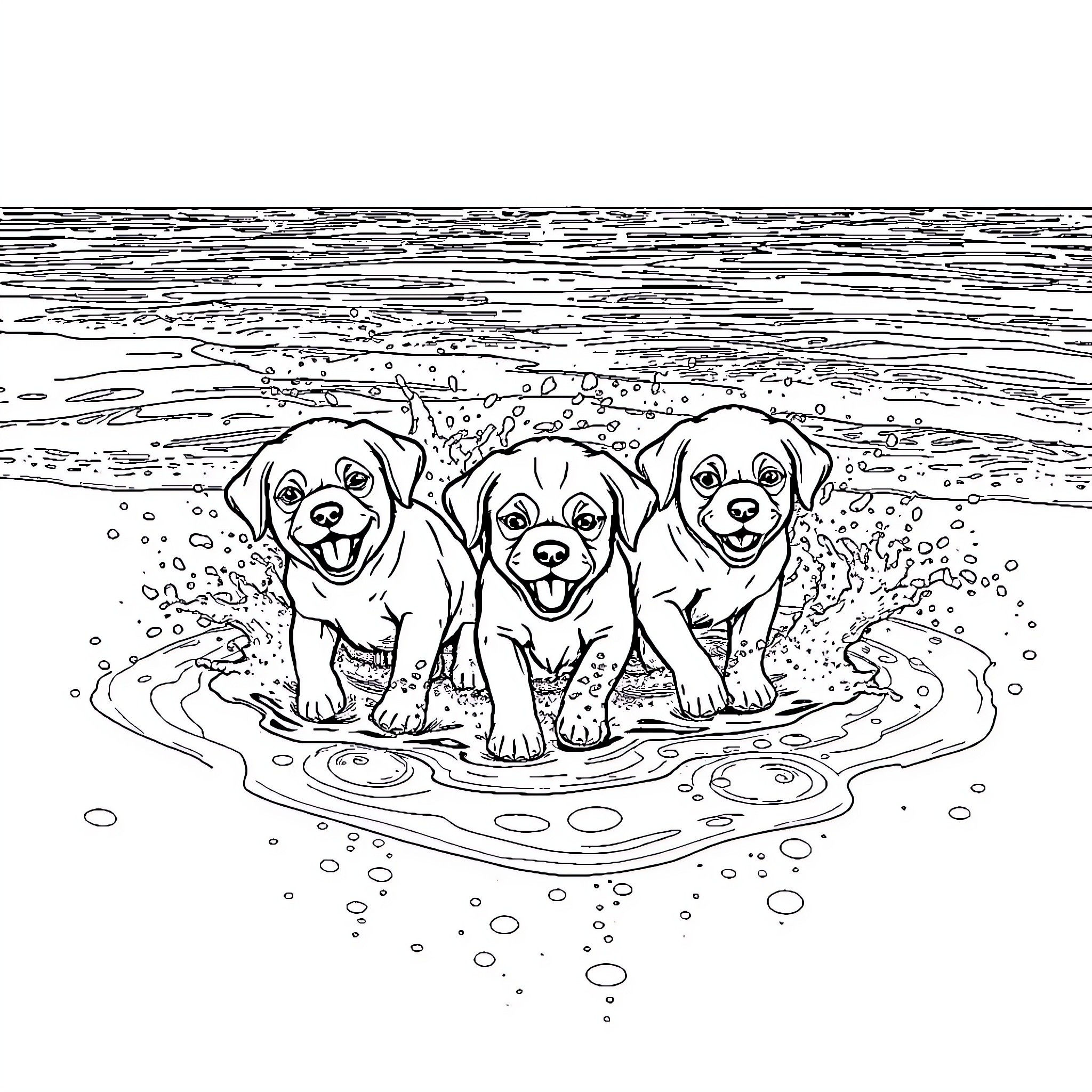 Puppy Trio Playing in the Puddle Coloring Page (free black-and-white line drawing printable PDF for all, from beginners to advanced learners, including children, teens, adults, and seniors)