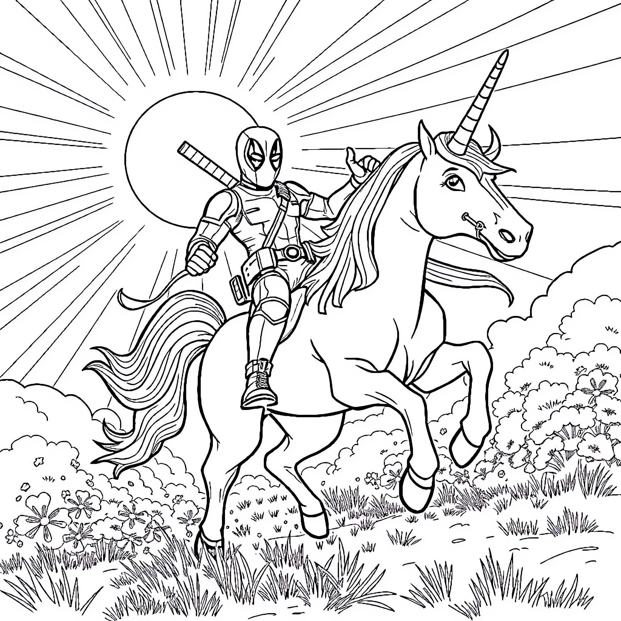 Deadpool riding a unicorn through a fantastical landscape Coloring Page (free black-and-white line drawing printable PDF for all, from beginners to advanced learners, including children, teens, adults, and seniors)