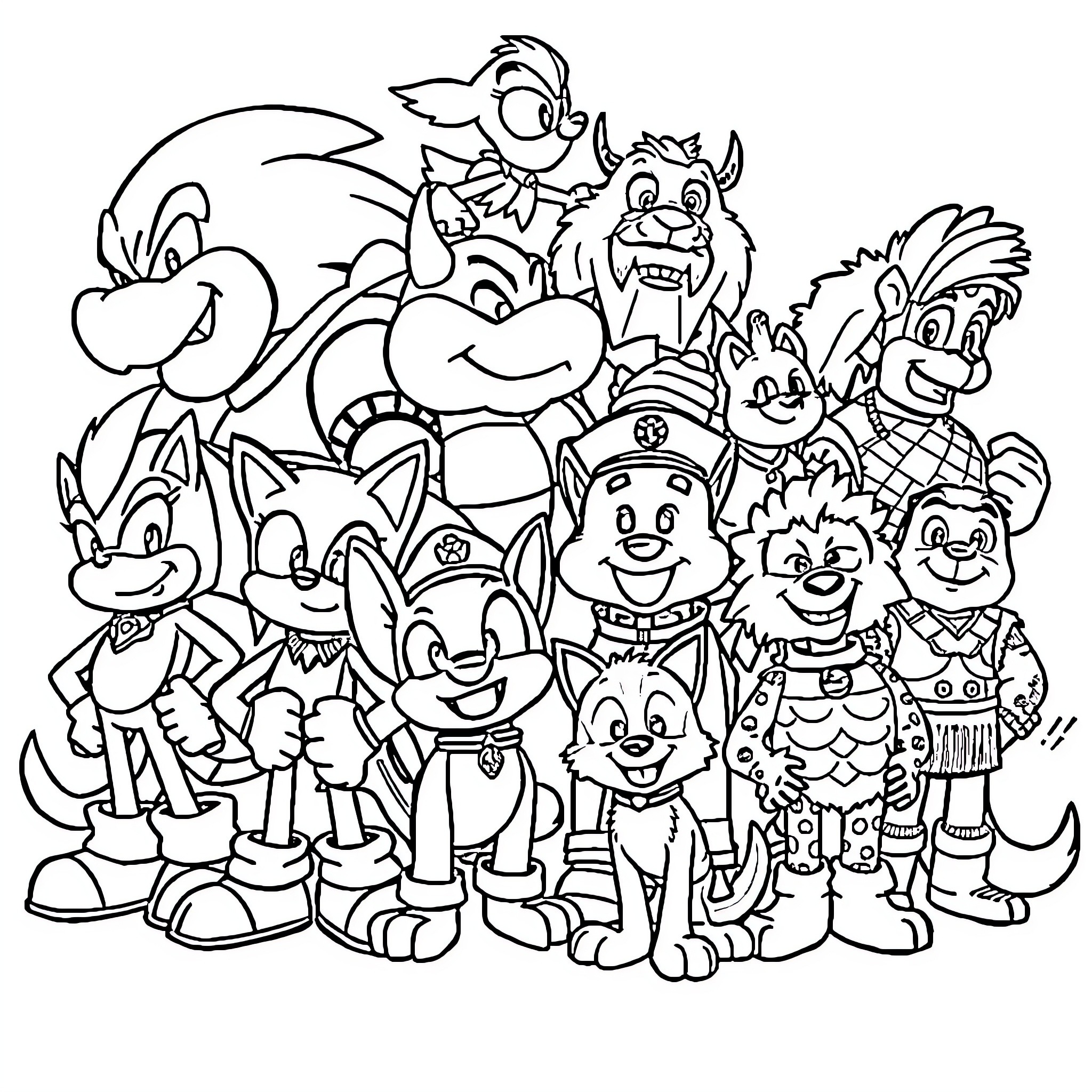 Character Assortment of Cartoon Animals and Creatures Coloring Page (free black-and-white line drawing printable PDF for all, from beginners to advanced learners, including children, teens, adults, and seniors)