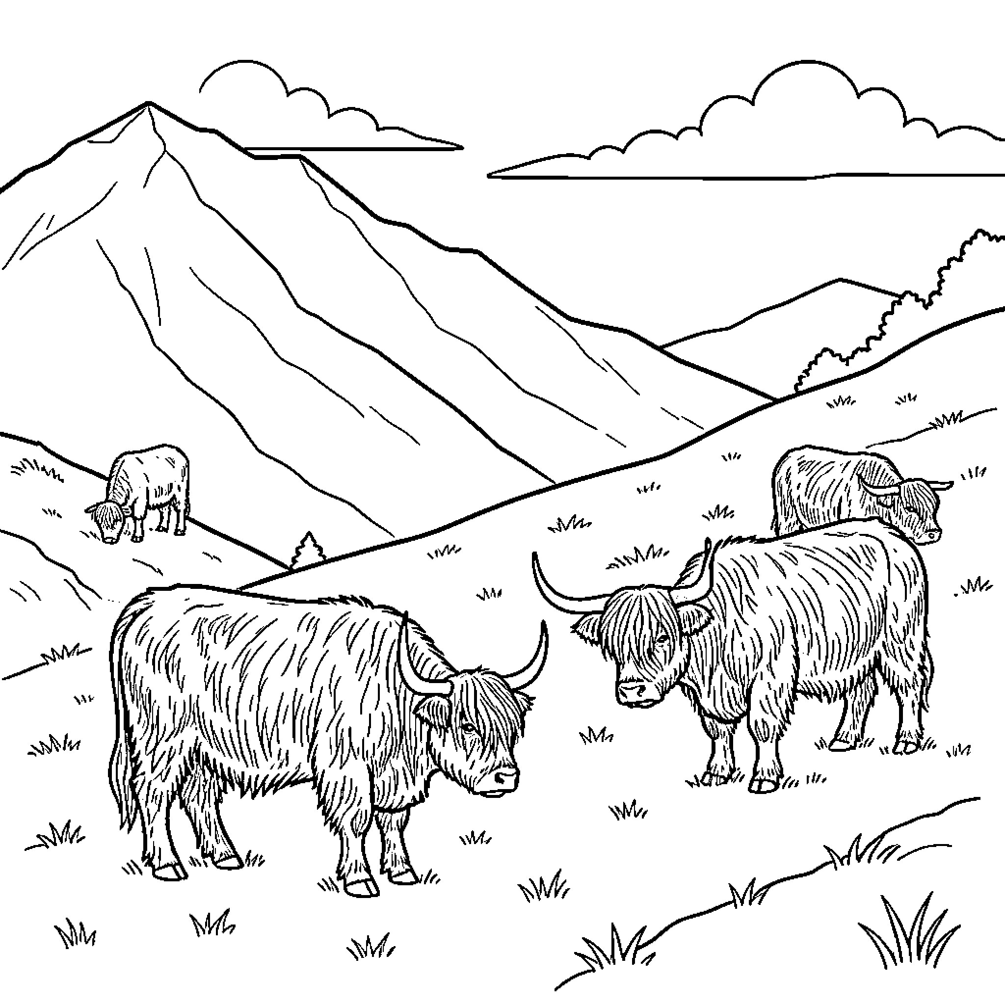 Highland Cow grazing on a hilly mountain landscape Coloring Page (free black-and-white line drawing printable PDF for all, from beginners to advanced learners, including children, teens, adults, and seniors)