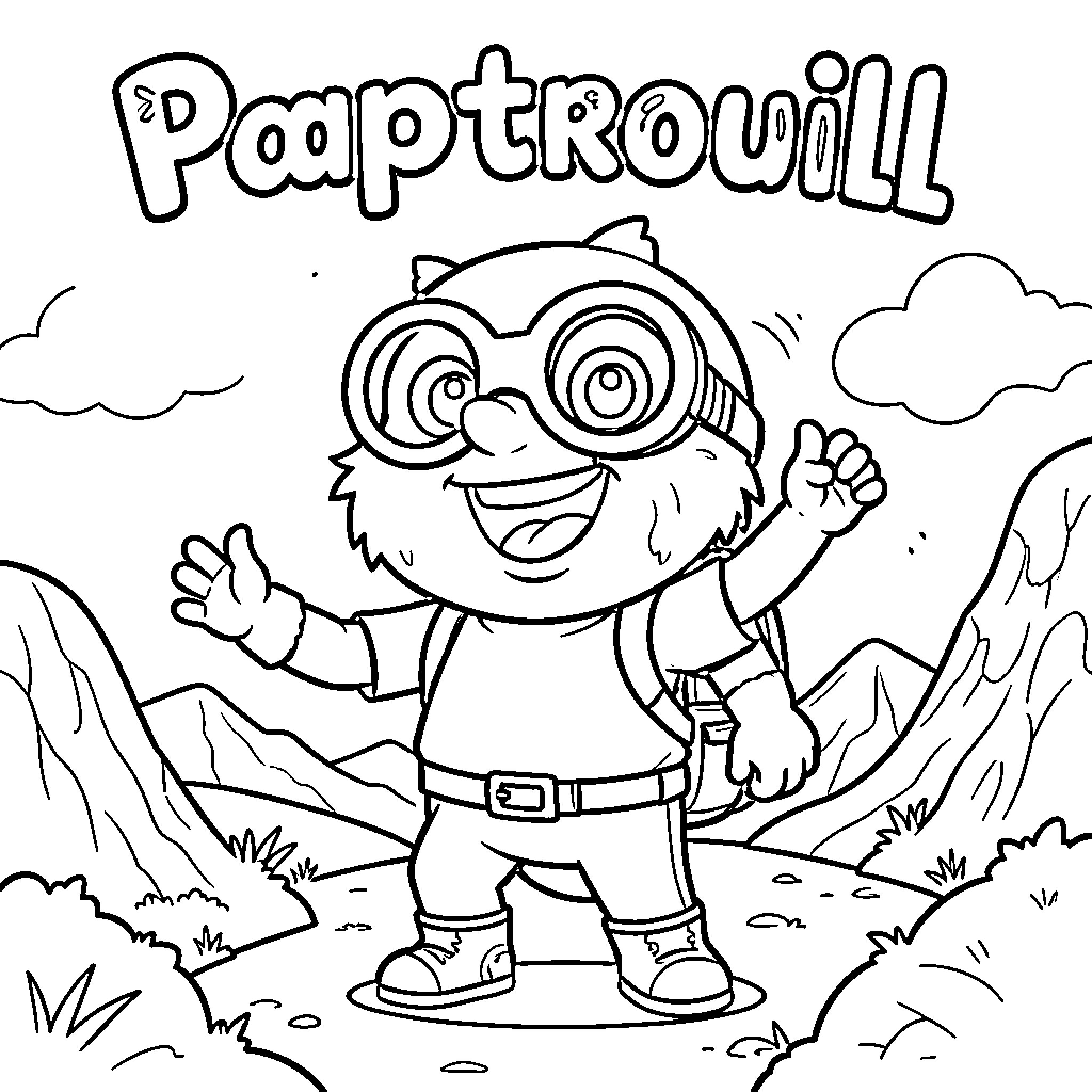 Papatrouill character wearing goggles and smiling happily Coloring Page (free black-and-white line drawing printable PDF for all, from beginners to advanced learners, including children, teens, adults, and seniors)