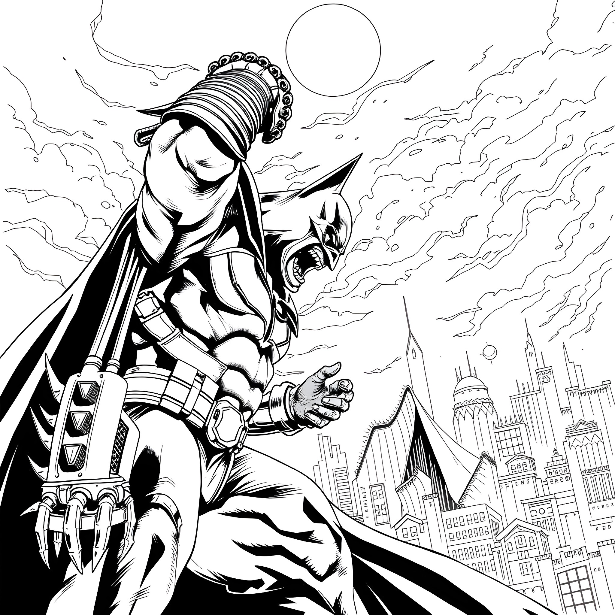 Bane's Mighty Reign over the City Coloring Page (free black-and-white line drawing printable PDF for all, from beginners to advanced learners, including children, teens, adults, and seniors)
