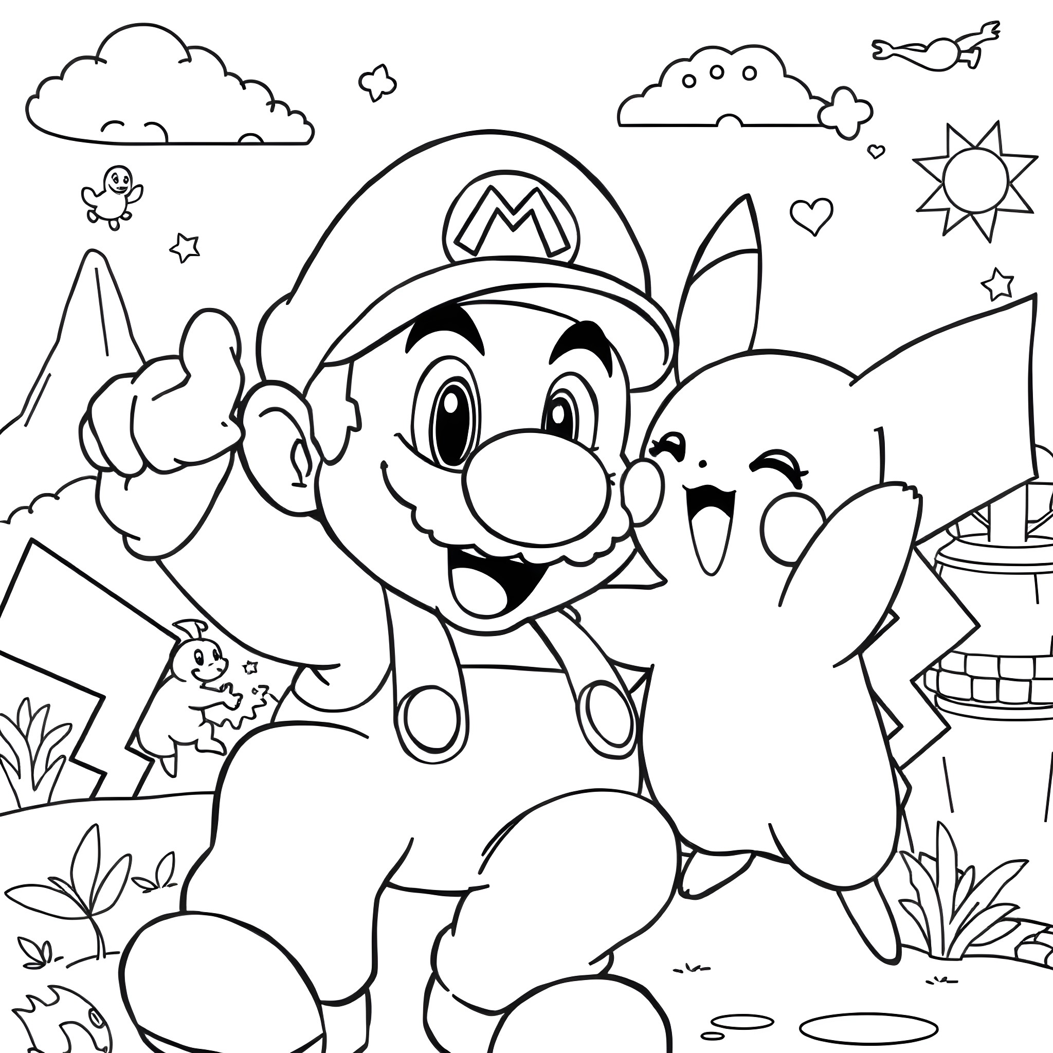 Super Mario's Playful Adventure in the Mushroom Kingdom Coloring Page (free black-and-white line drawing printable PDF for all, from beginners to advanced learners, including children, teens, adults, and seniors)