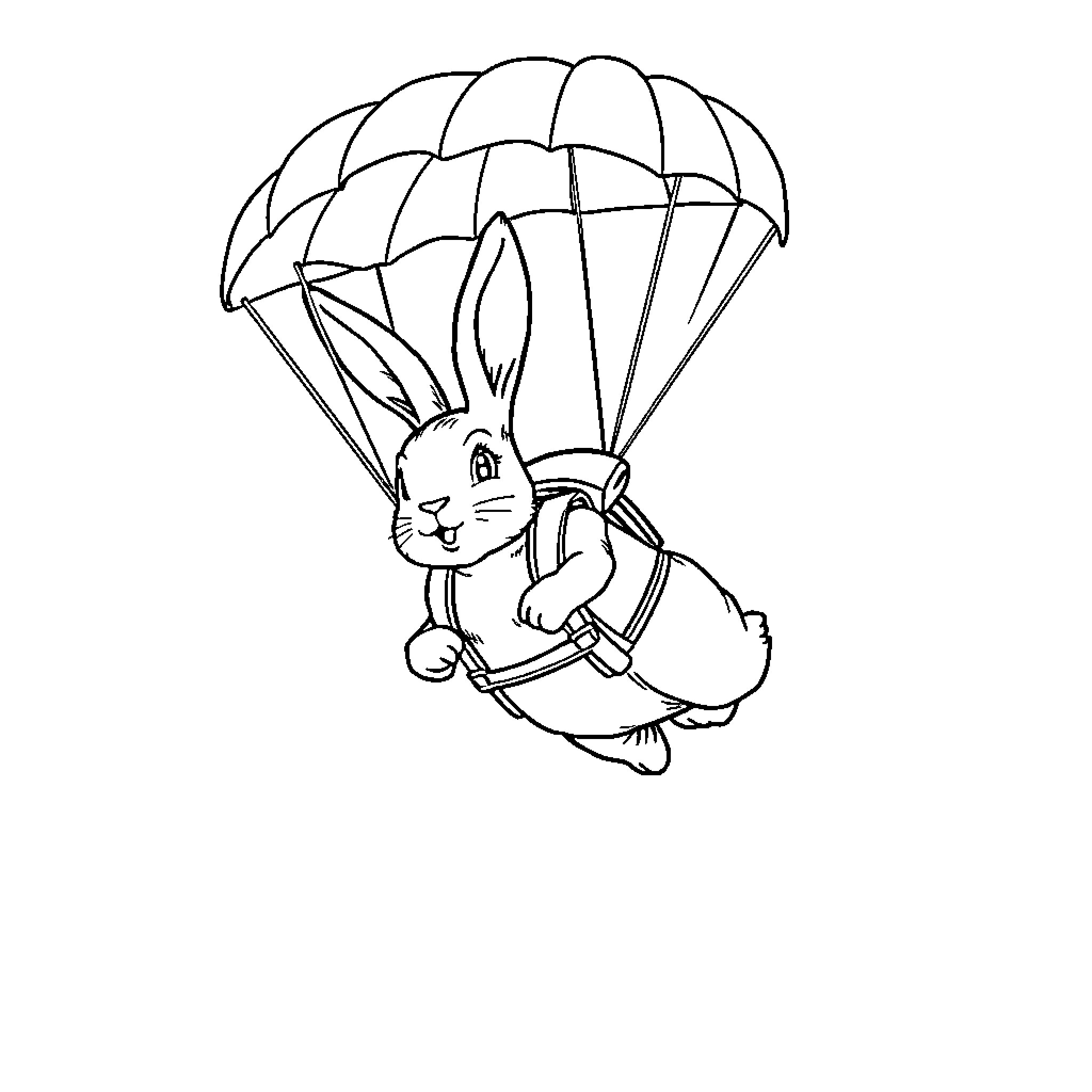 Rabbit parachuting in the sky Coloring Page (free black-and-white line drawing printable PDF for all, from beginners to advanced learners, including children, teens, adults, and seniors)