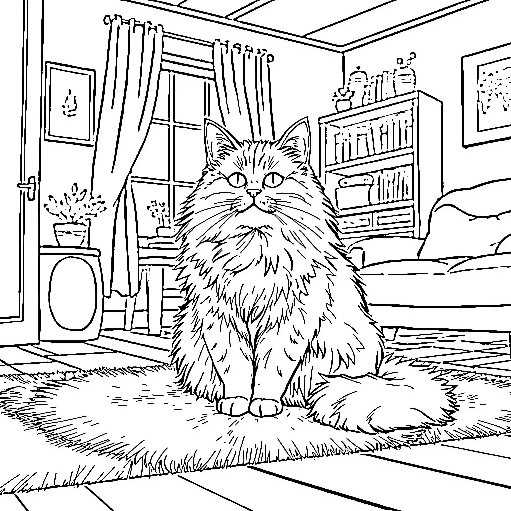 Cat relaxing calmly in a cozy room Coloring Page (free black-and-white line drawing printable PDF for all, from beginners to advanced learners, including children, teens, adults, and seniors)
