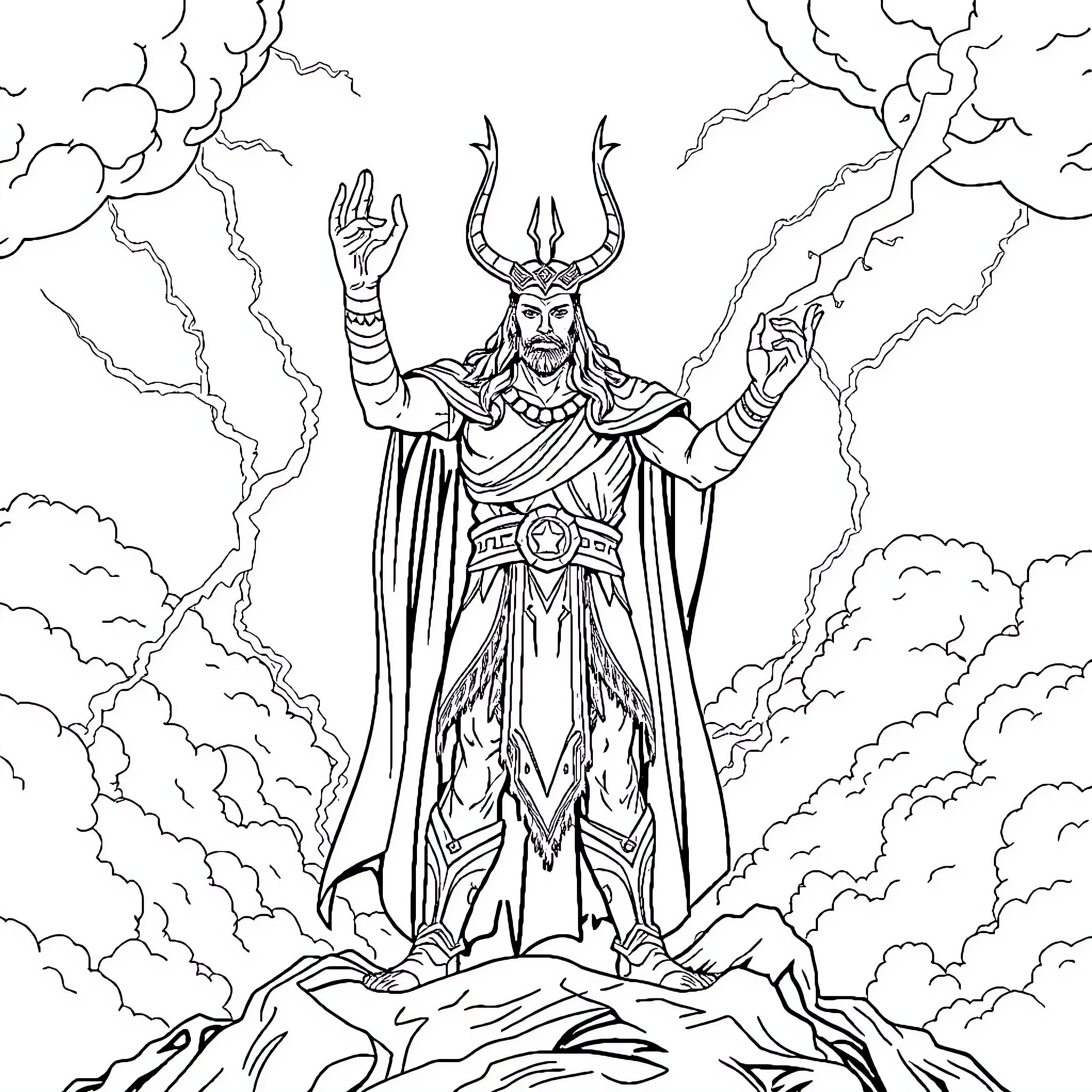 Loki, the God of Mischief, wielding power amid the storm Coloring Page (free black-and-white line drawing printable PDF for all, from beginners to advanced learners, including children, teens, adults, and seniors)