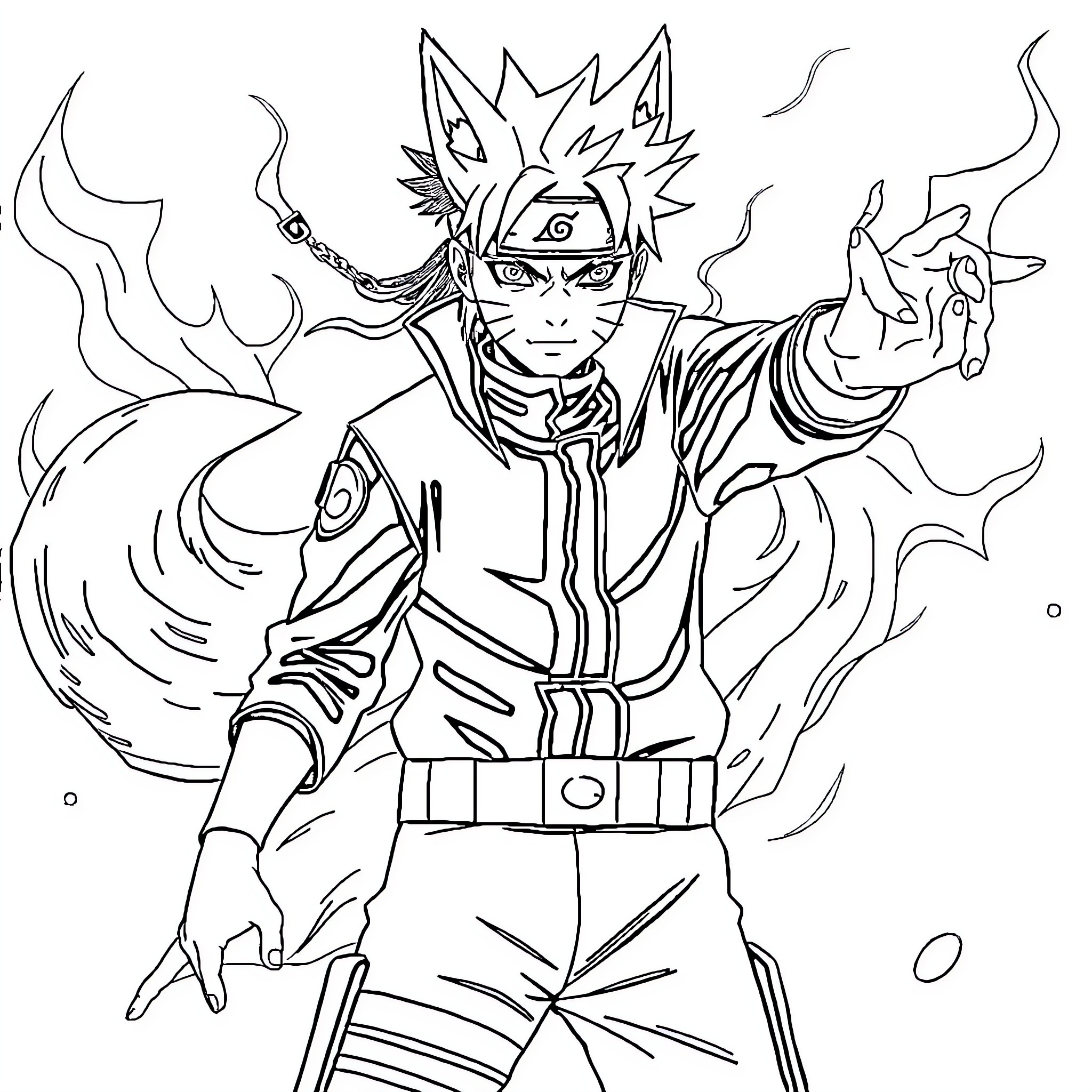 Naruto Unleashing Powerful Ninja Technique Coloring Page (free black-and-white line drawing printable PDF for all, from beginners to advanced learners, including children, teens, adults, and seniors)