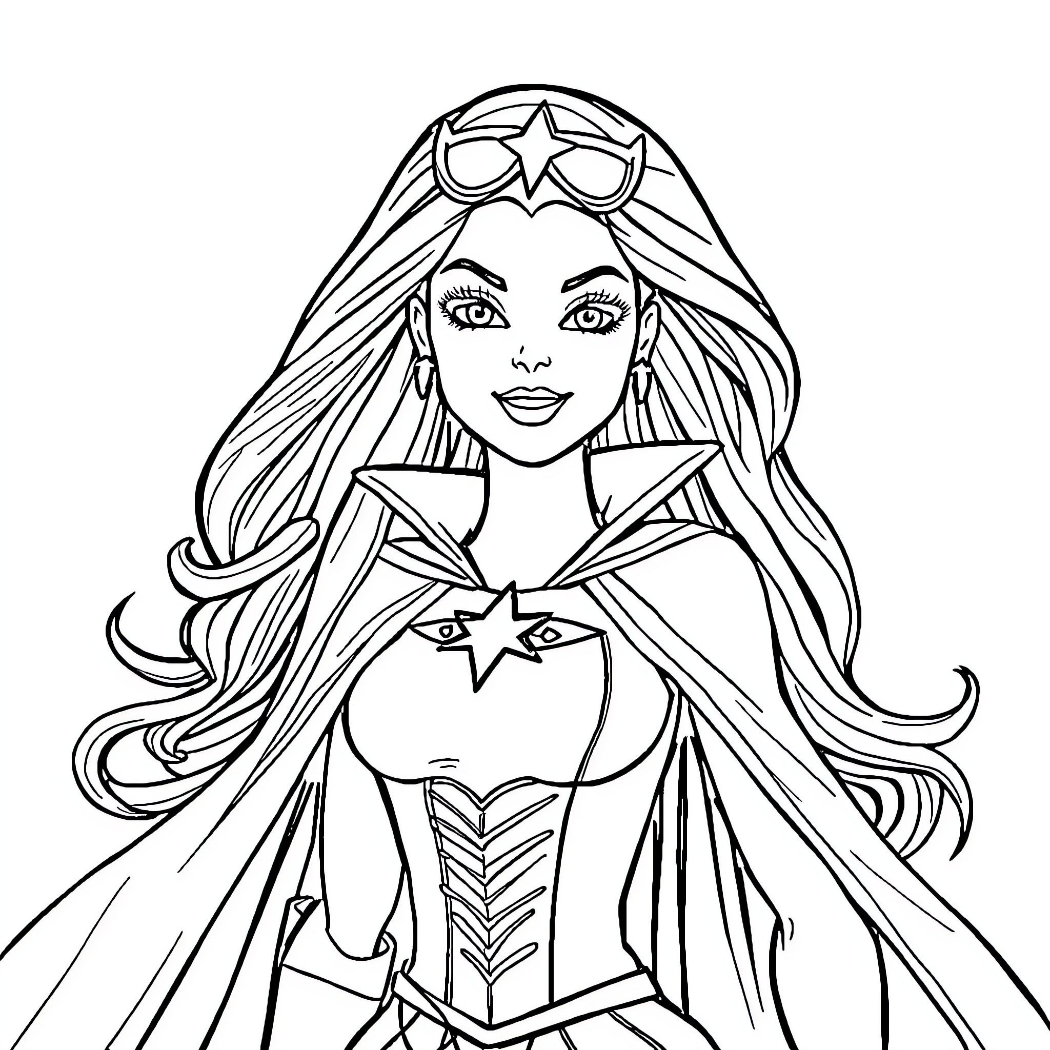 Barbie as a superhero with flowing hair Coloring Page (free black-and-white line drawing printable PDF for all, from beginners to advanced learners, including children, teens, adults, and seniors)