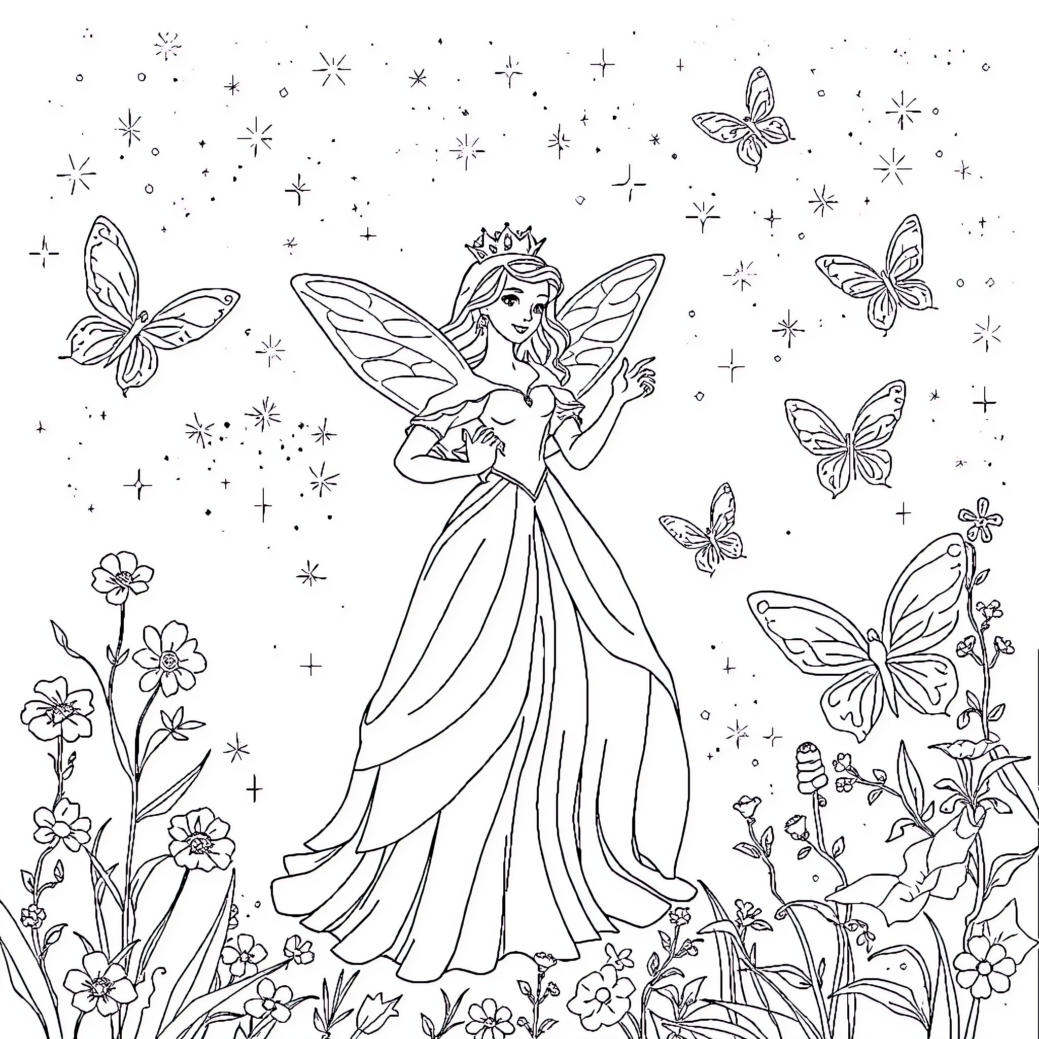 Princess amidst butterflies and flowers Coloring Page (free black-and-white line drawing printable PDF for all, from beginners to advanced learners, including children, teens, adults, and seniors)