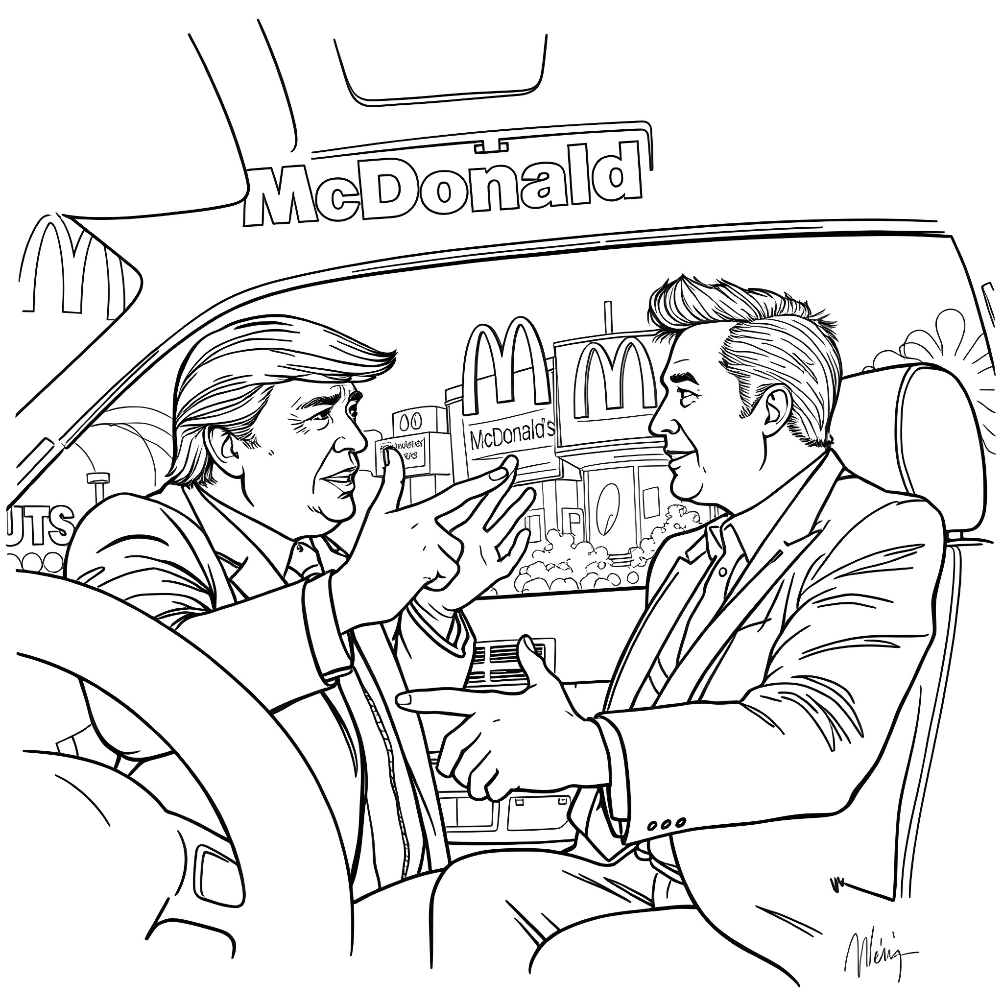 Donald Trump Engaging in Heated Discussion at McDonald's Coloring Page (free black-and-white line drawing printable PDF for all, from beginners to advanced learners, including children, teens, adults, and seniors)