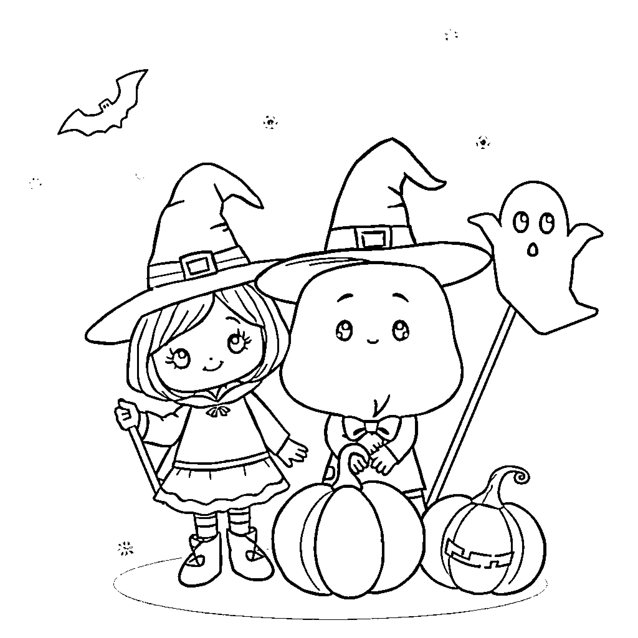 Halloween Character Trick-or-Treating with Pumpkins Coloring Page (free black-and-white line drawing printable PDF for all, from beginners to advanced learners, including children, teens, adults, and seniors)