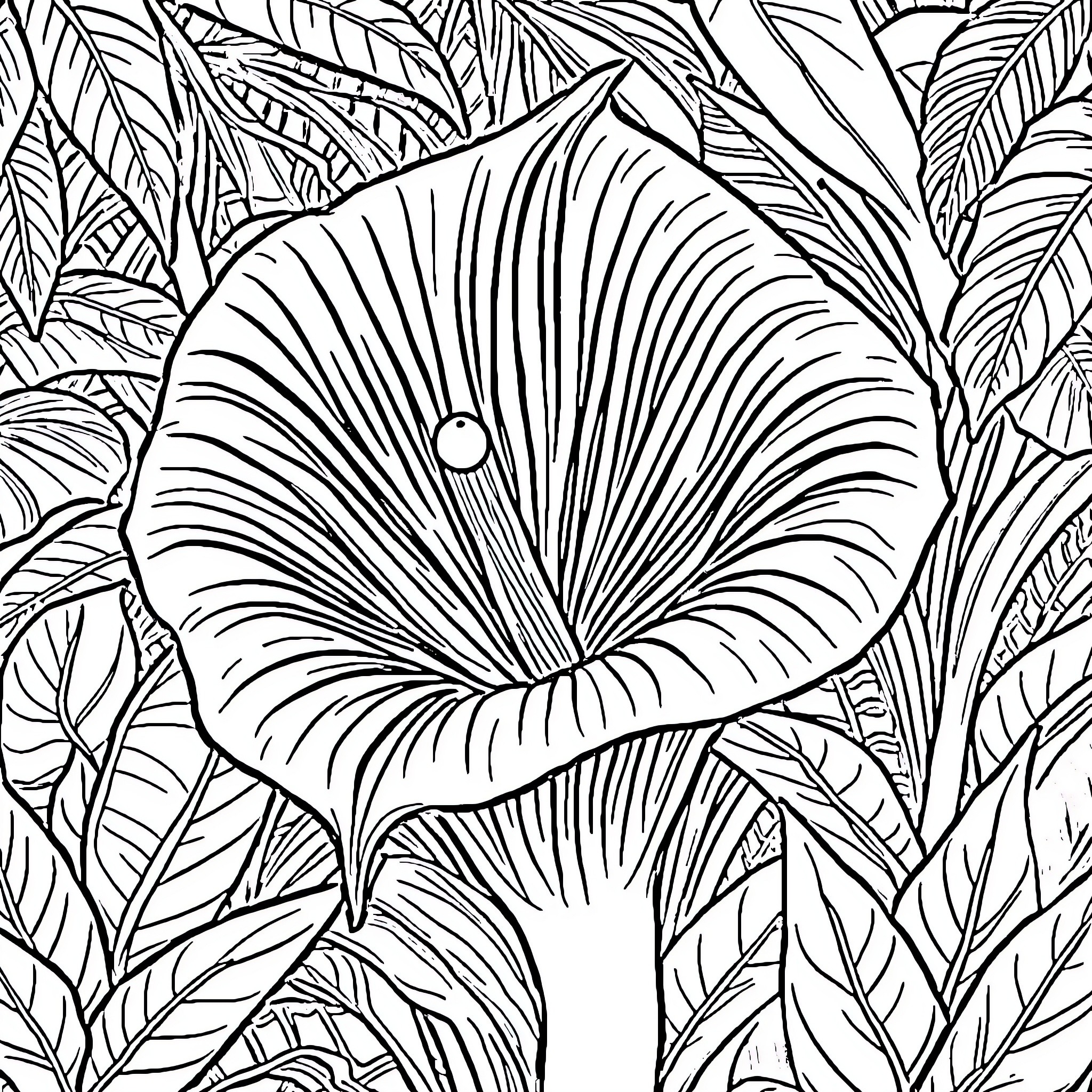 Titan Arum in lush tropical foliage Coloring Page (free black-and-white line drawing printable PDF for all, from beginners to advanced learners, including children, teens, adults, and seniors)