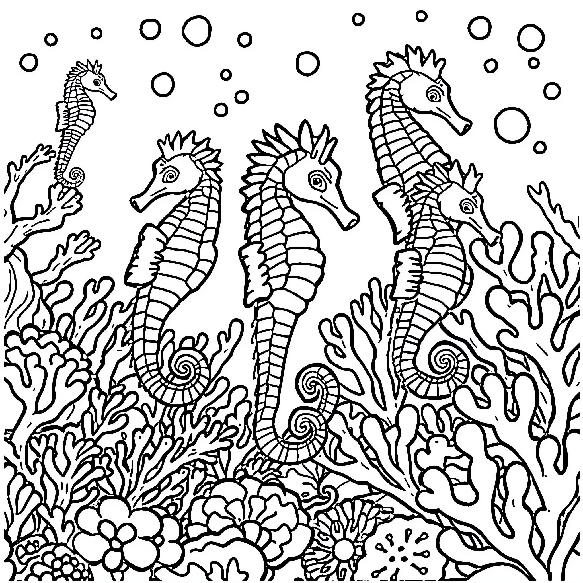 Seahorses dancing amidst ocean flora Coloring Page (free black-and-white line drawing printable PDF for all, from beginners to advanced learners, including children, teens, adults, and seniors)