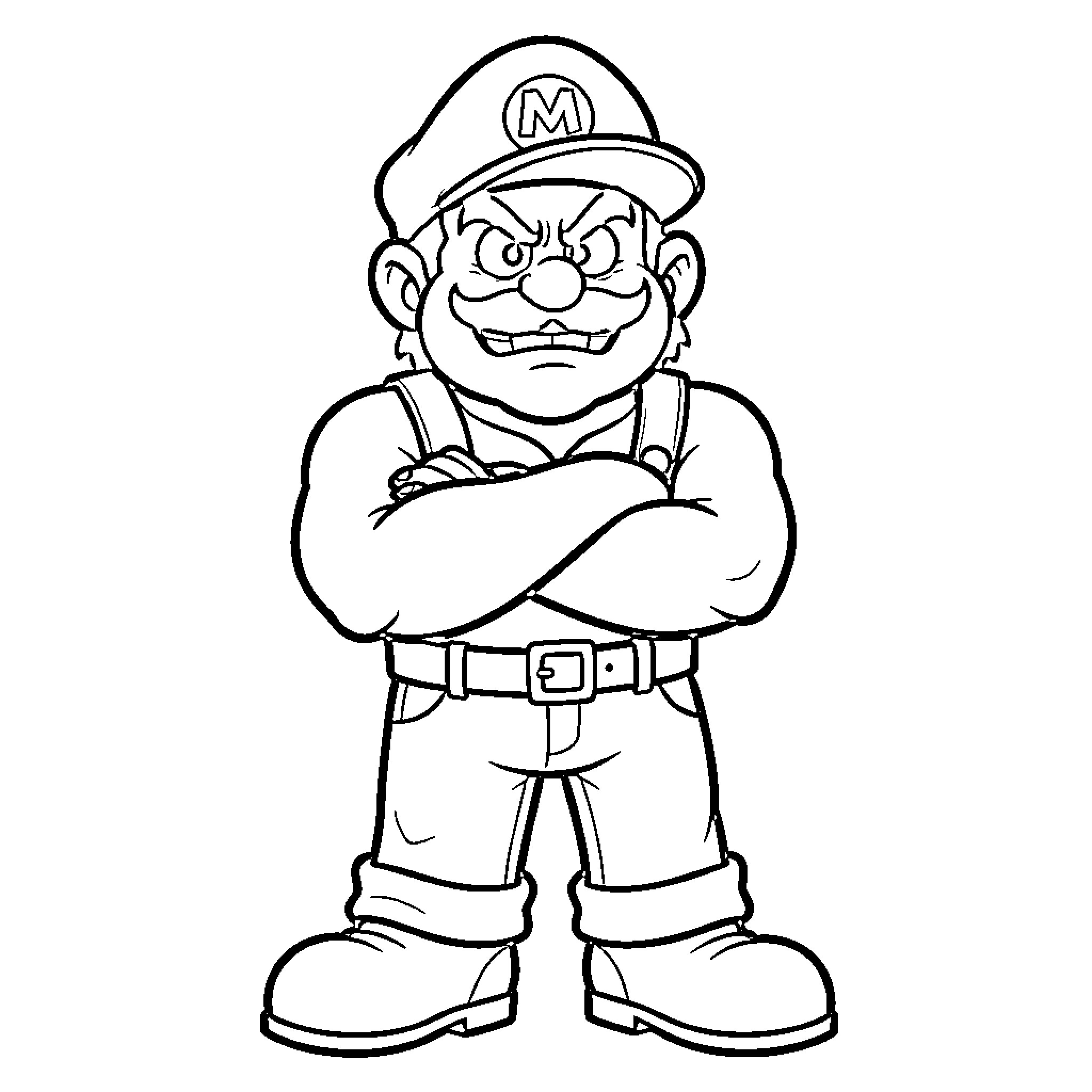 Wario standing with arms crossed and angry expression Coloring Page (free black-and-white line drawing printable PDF for all, from beginners to advanced learners, including children, teens, adults, and seniors)