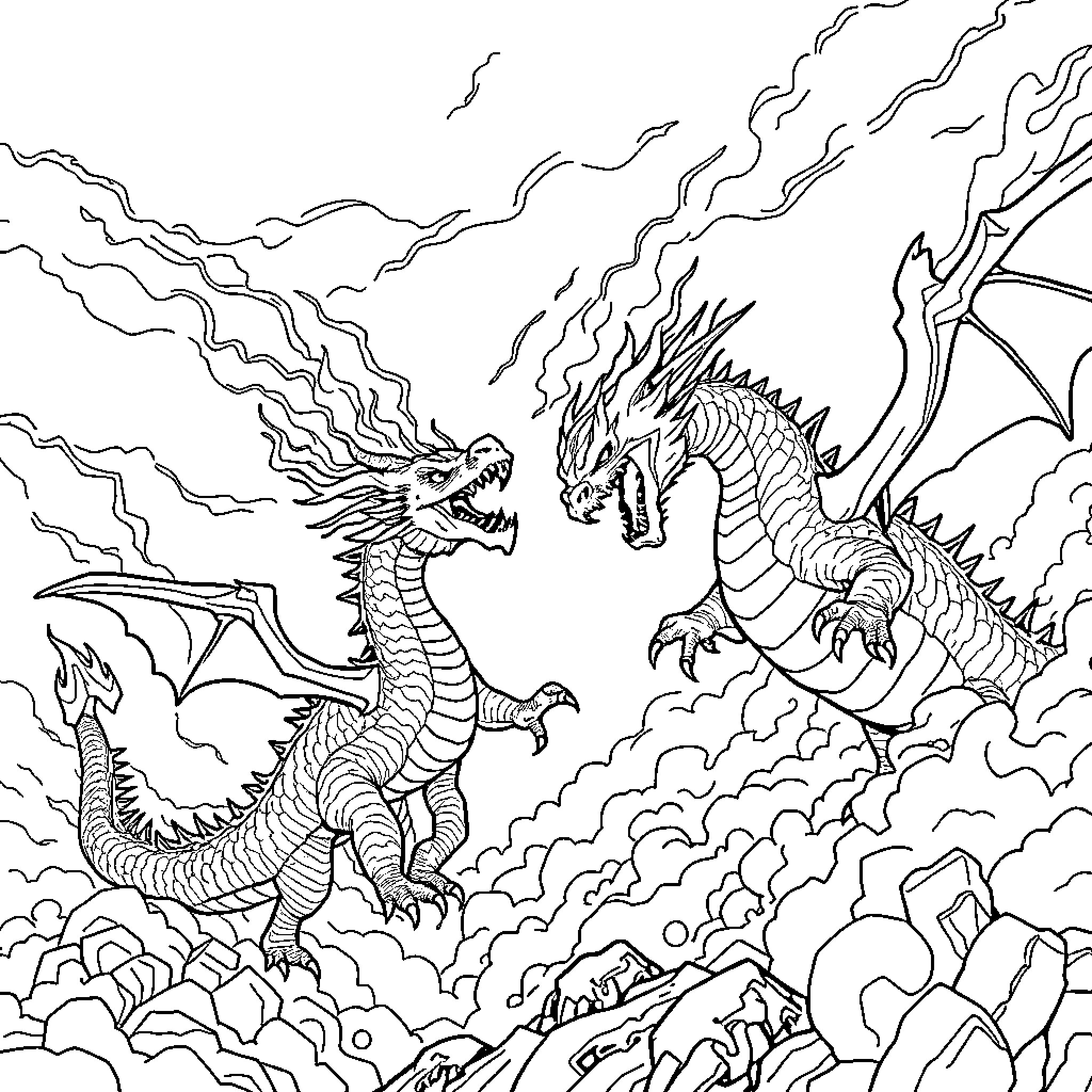 Dragons engaged in a fierce battle in the sky Coloring Page (free black-and-white line drawing printable PDF for all, from beginners to advanced learners, including children, teens, adults, and seniors)