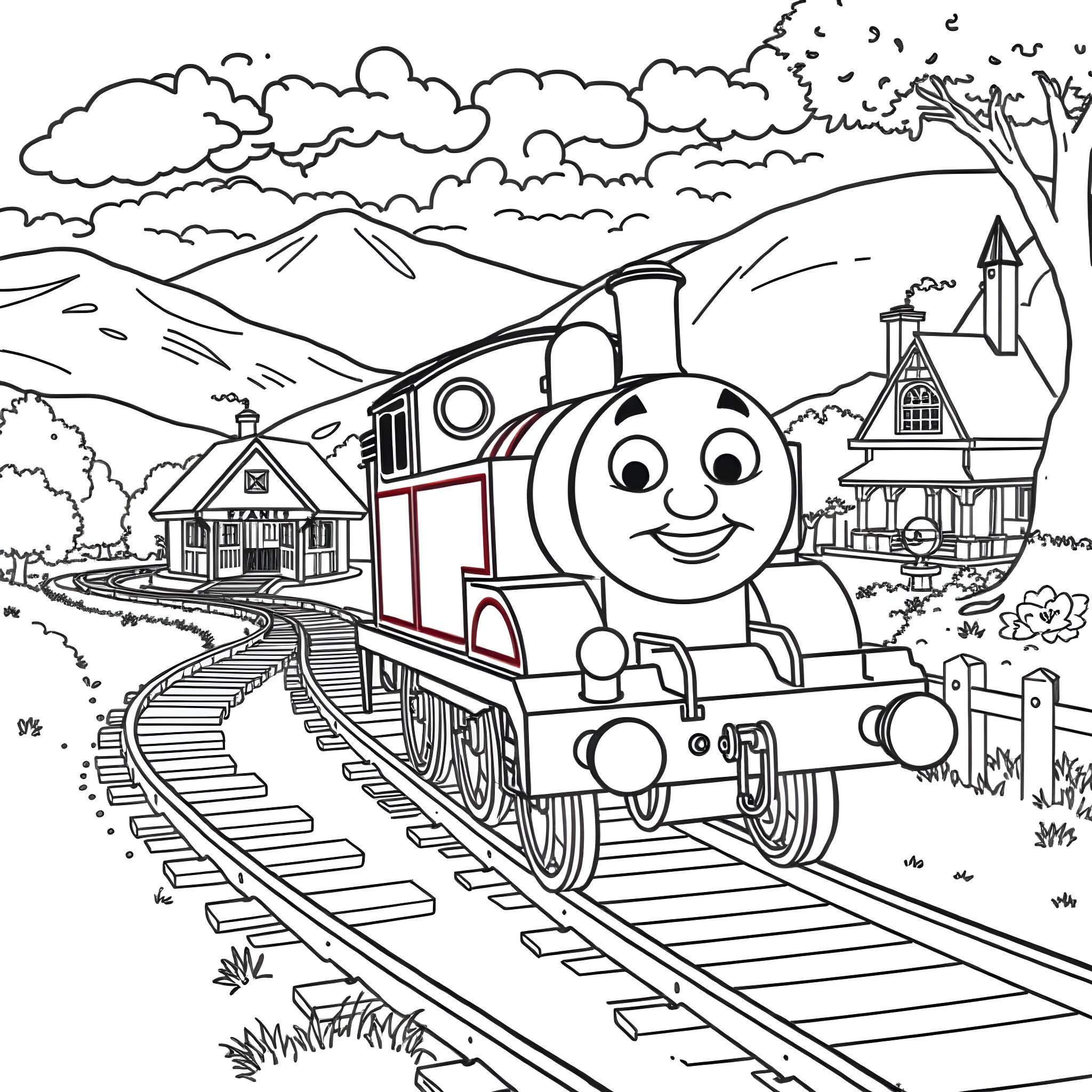 Thomas the Train Chugging through the Countryside Coloring Page (free black-and-white line drawing printable PDF for all, from beginners to advanced learners, including children, teens, adults, and seniors)
