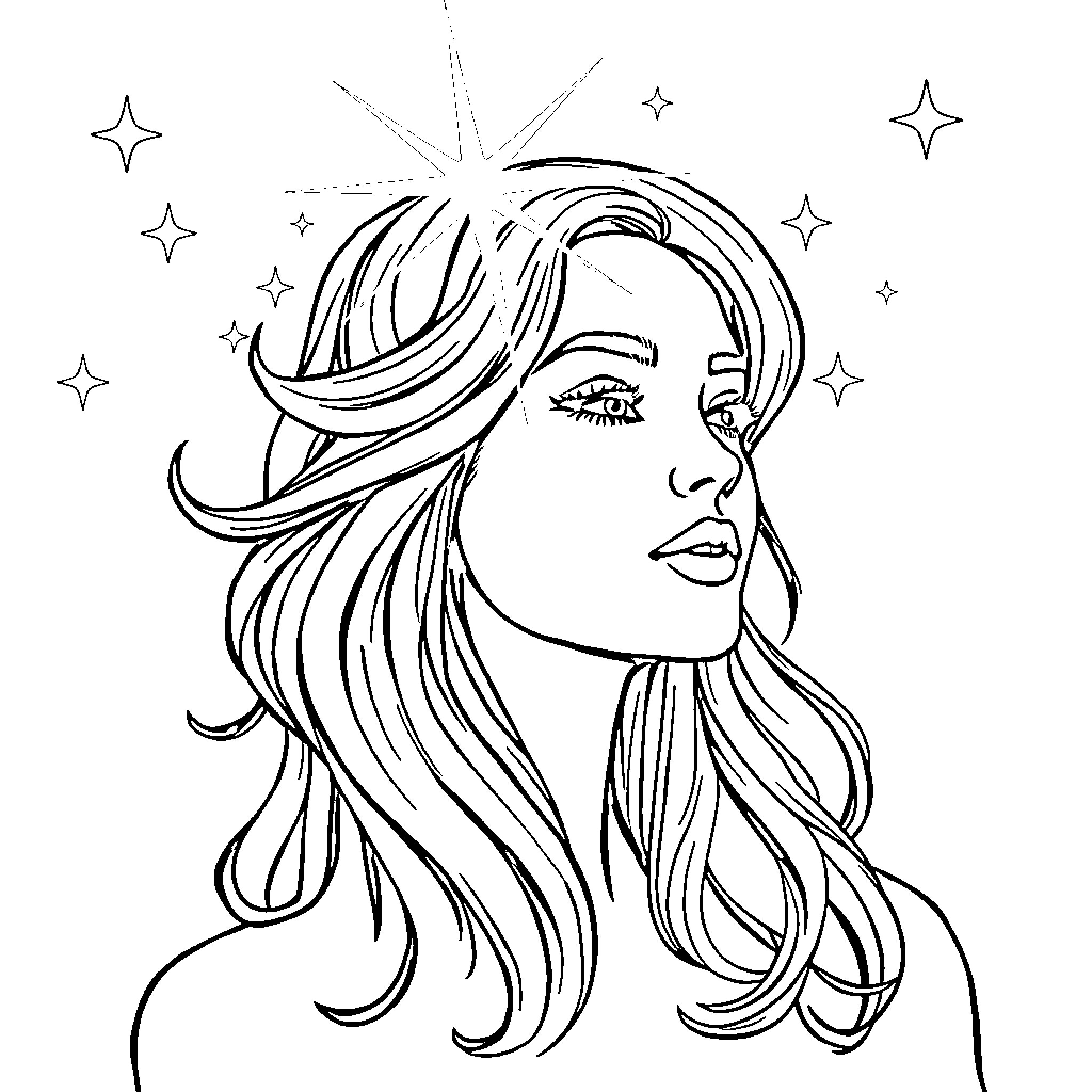 Gemini - Ethereal Woman in the Starry Night Coloring Page (free black-and-white line drawing printable PDF for all, from beginners to advanced learners, including children, teens, adults, and seniors)