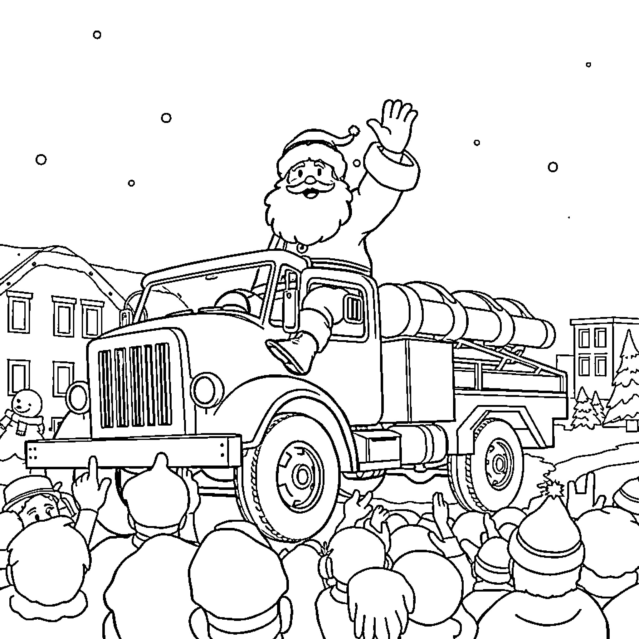 Santa waving from a snow plow in a winter town Coloring Page (free black-and-white line drawing printable PDF for all, from beginners to advanced learners, including children, teens, adults, and seniors)