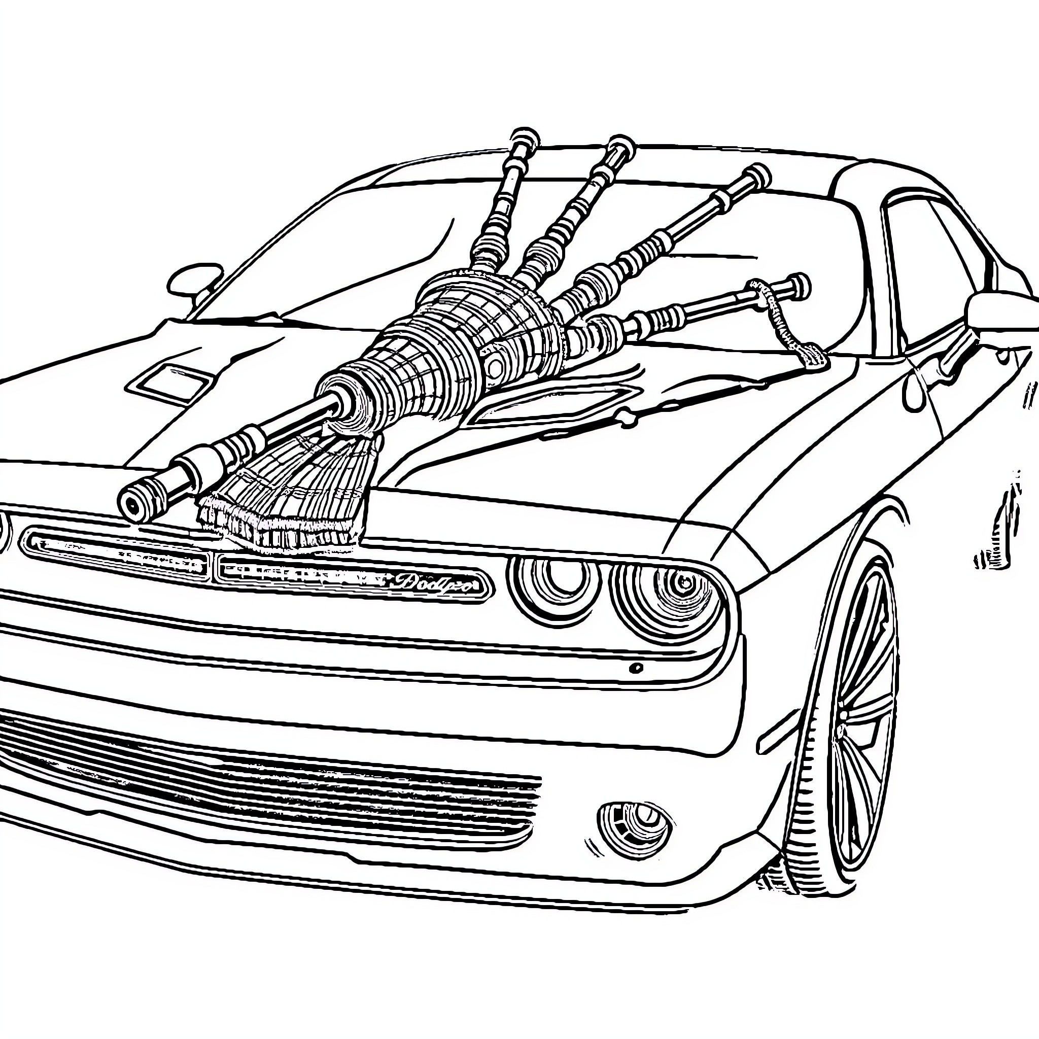 Bagpipe-inspired Muscle Car with Futuristic Modifications Coloring Page (free black-and-white line drawing printable PDF for all, from beginners to advanced learners, including children, teens, adults, and seniors)