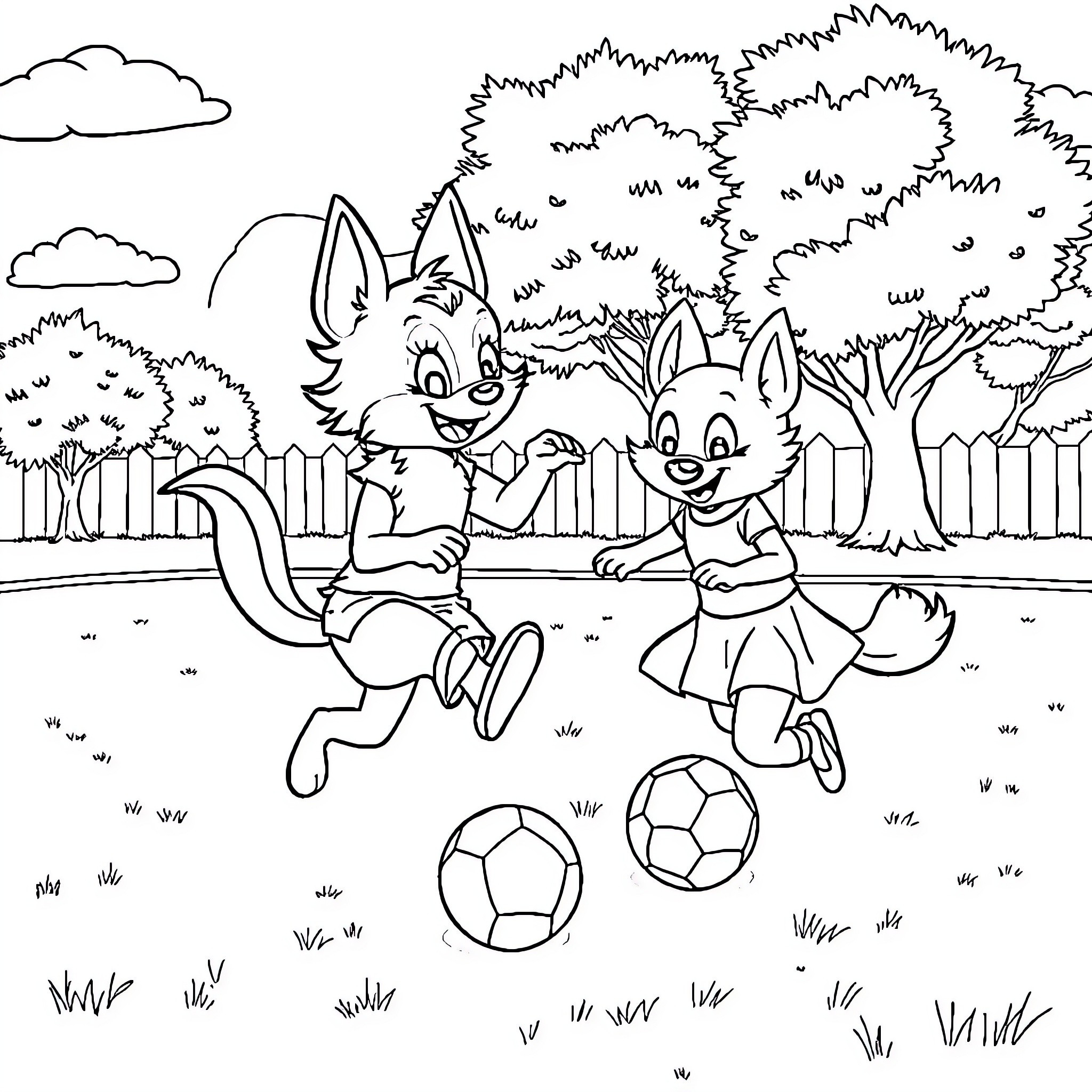 Bluey and Friends Playfully Kicking Soccer Balls Coloring Page (free black-and-white line drawing printable PDF for all, from beginners to advanced learners, including children, teens, adults, and seniors)