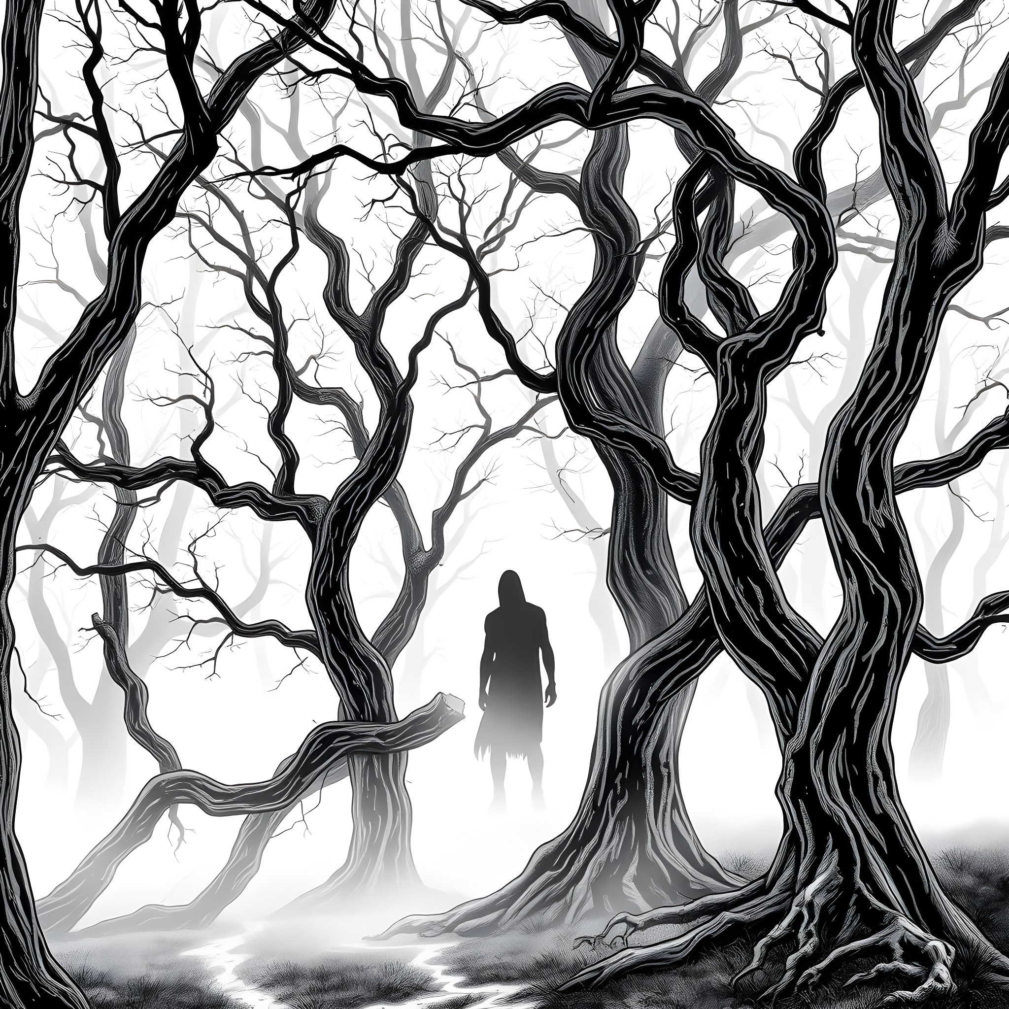Wendigo: Haunting Silhouette in a Twisted Forest Coloring Page (free black-and-white line drawing printable PDF for all, from beginners to advanced learners, including children, teens, adults, and seniors)