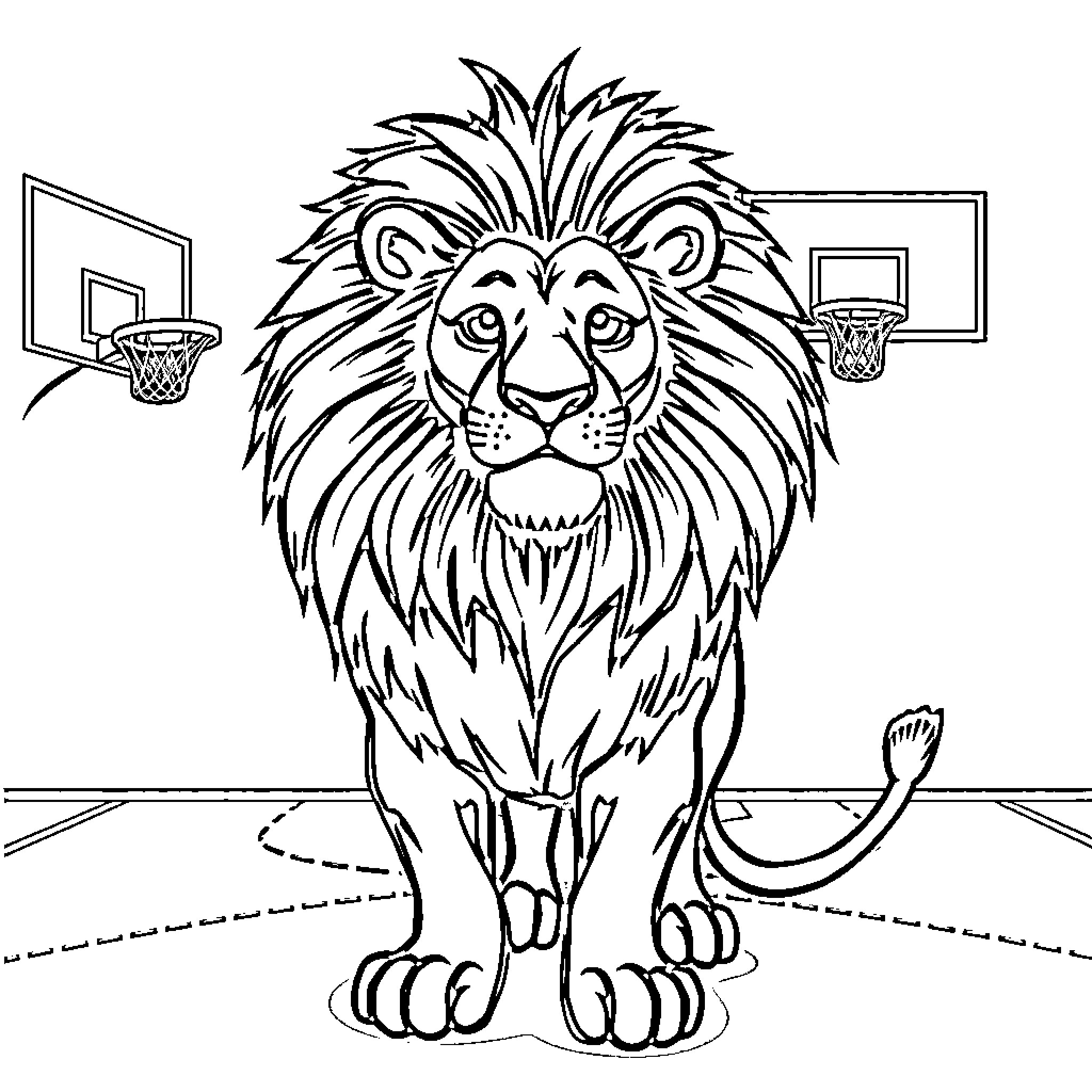 Lion playing basketball on the court Coloring Page (free black-and-white line drawing printable PDF for all, from beginners to advanced learners, including children, teens, adults, and seniors)