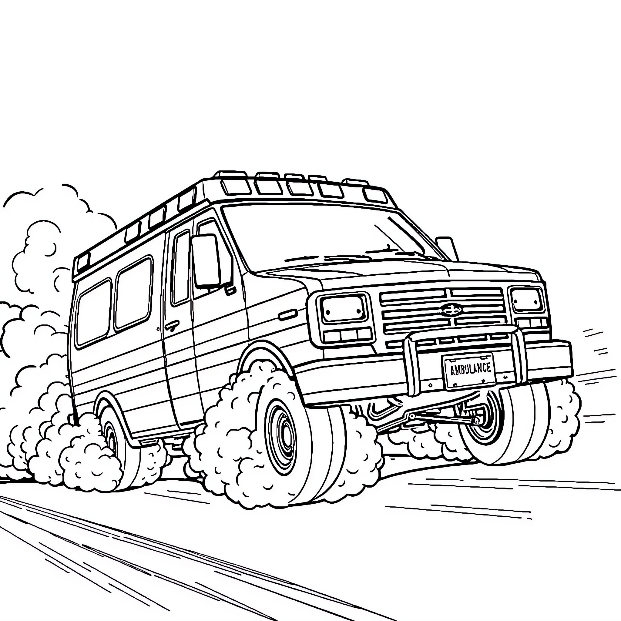 Ambulance Rushing to Emergency Scene Coloring Page (free black-and-white line drawing printable PDF for all, from beginners to advanced learners, including children, teens, adults, and seniors)