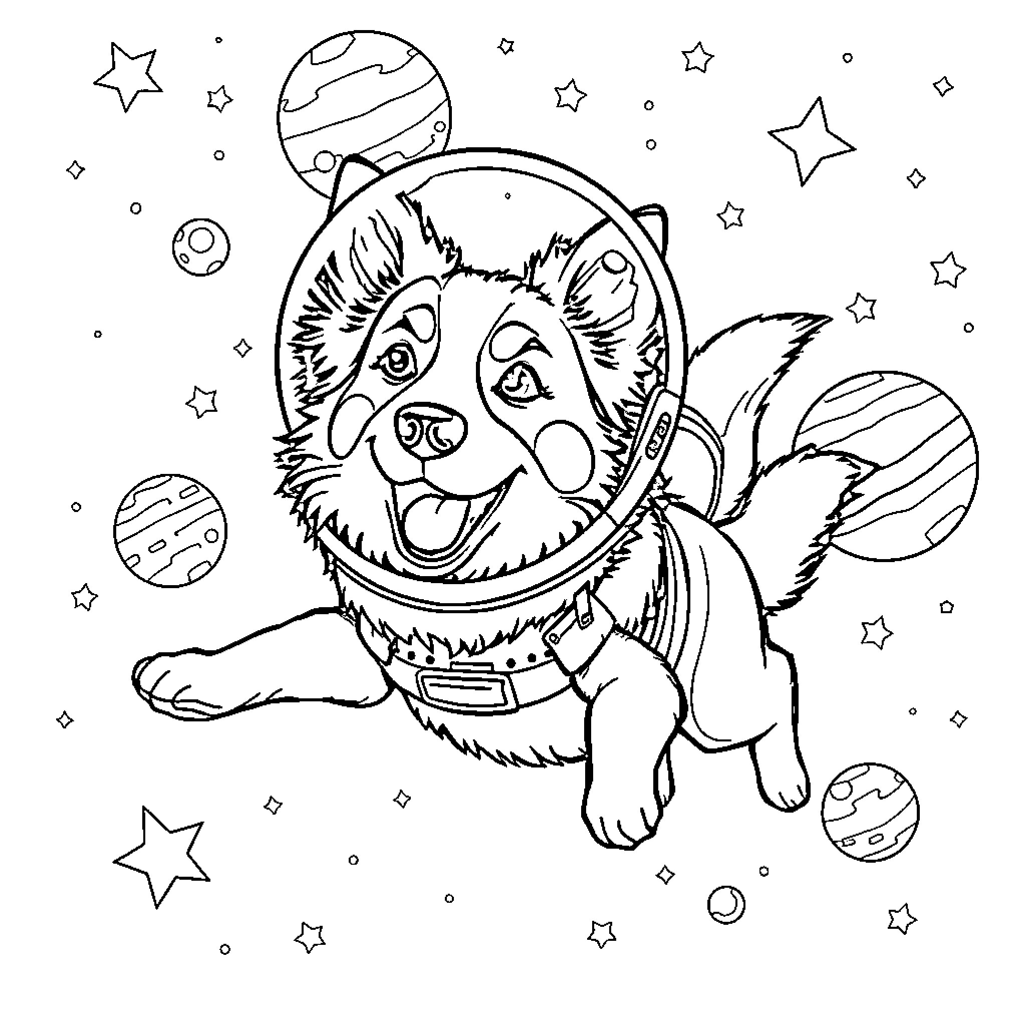 Border Collie astronaut exploring the cosmos Coloring Page (free black-and-white line drawing printable PDF for all, from beginners to advanced learners, including children, teens, adults, and seniors)