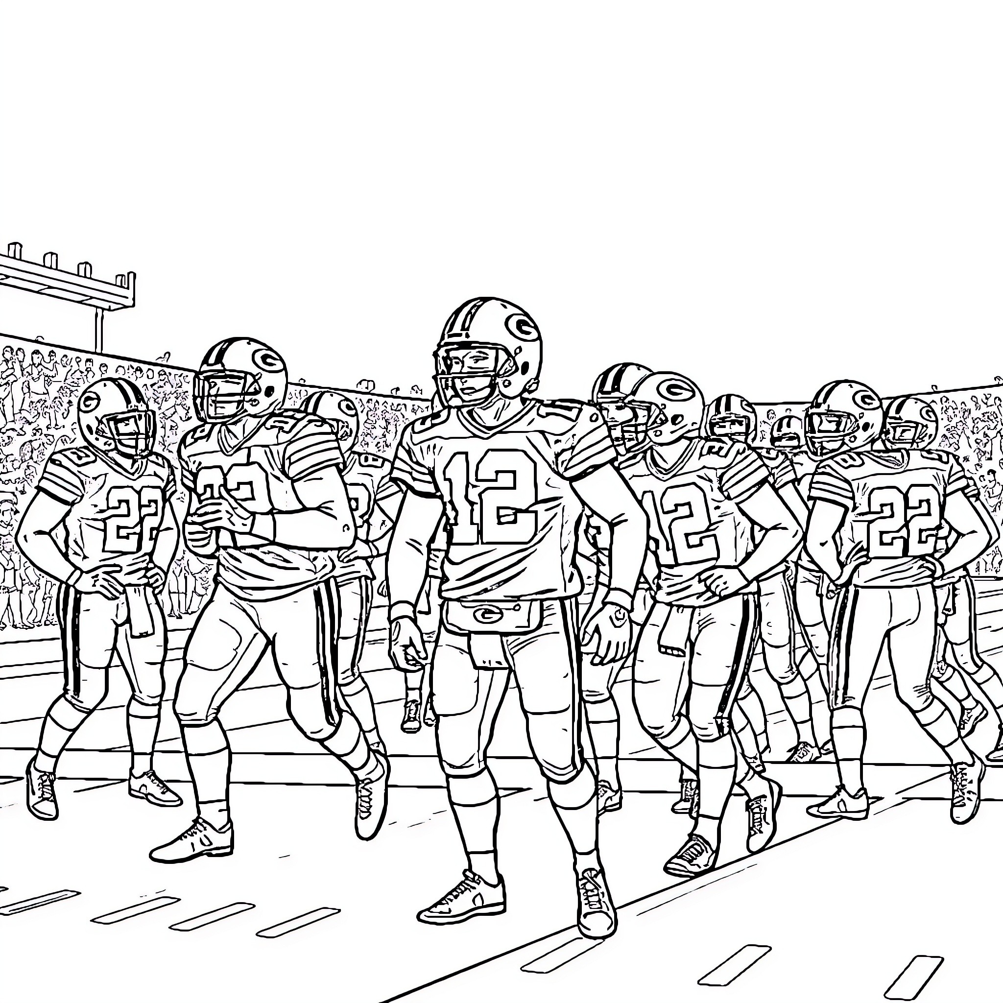 Packers players in action on the field Coloring Page (free black-and-white line drawing printable PDF for all, from beginners to advanced learners, including children, teens, adults, and seniors)