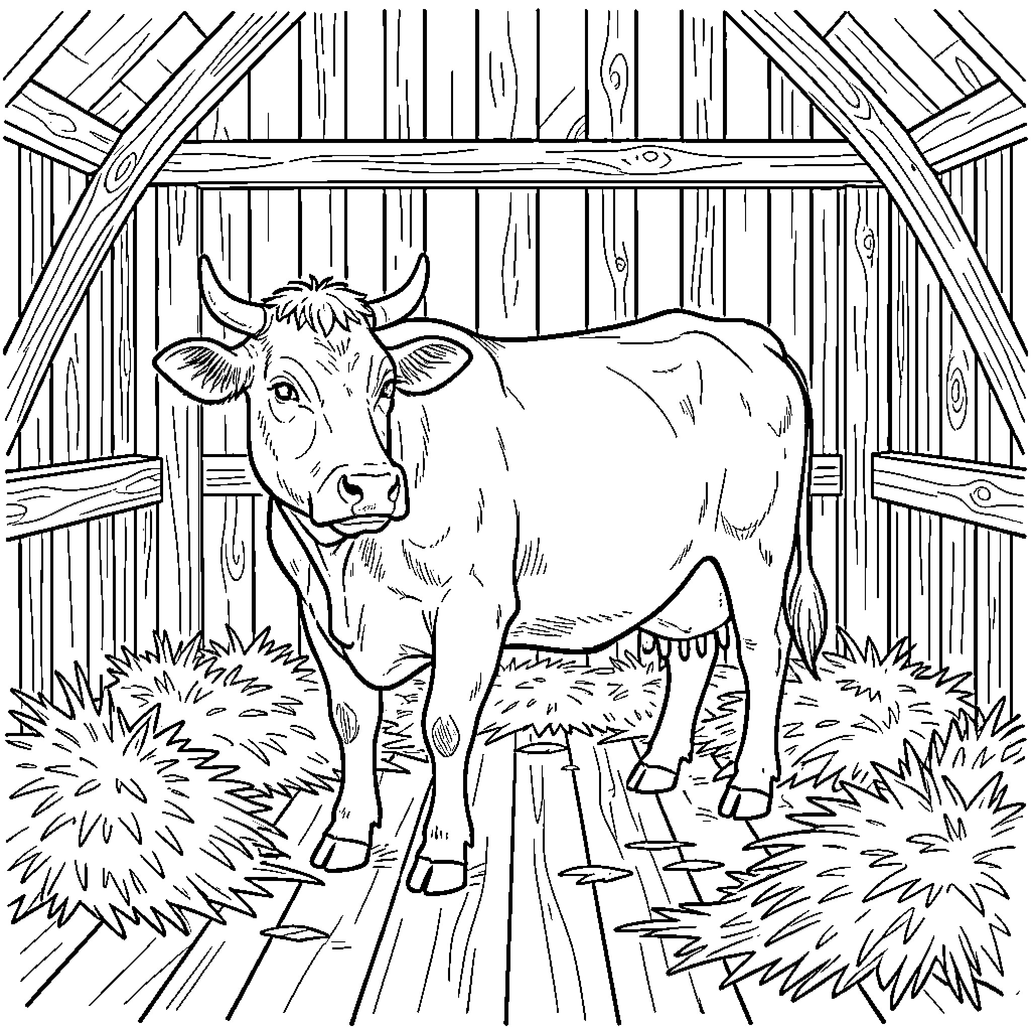 Cow resting in a rustic barn Coloring Page (free black-and-white line drawing printable PDF for all, from beginners to advanced learners, including children, teens, adults, and seniors)
