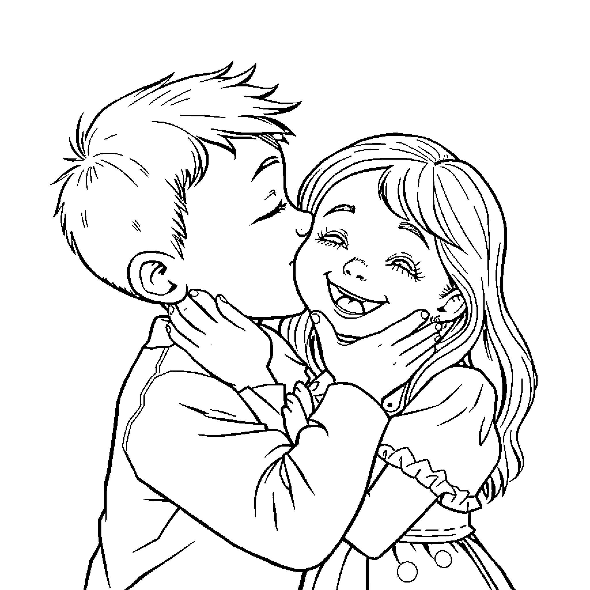 Boy and girl embracing affectionately Coloring Page (free black-and-white line drawing printable PDF for all, from beginners to advanced learners, including children, teens, adults, and seniors)