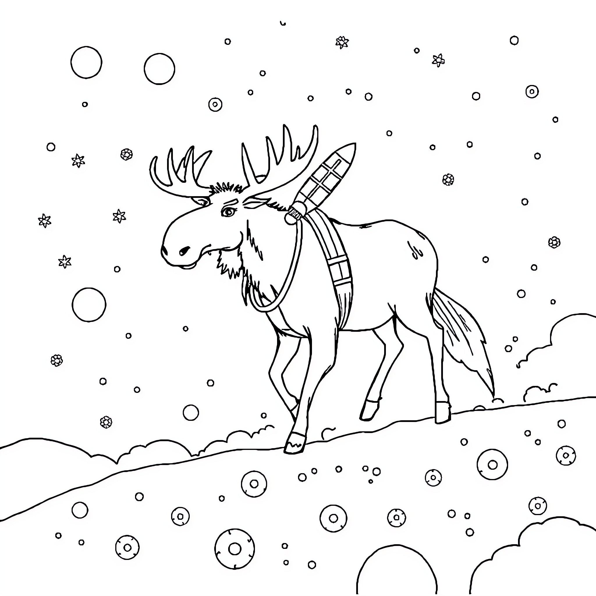 Rocket moose strolling through a snowy landscape Coloring Page (free black-and-white line drawing printable PDF for all, from beginners to advanced learners, including children, teens, adults, and seniors)