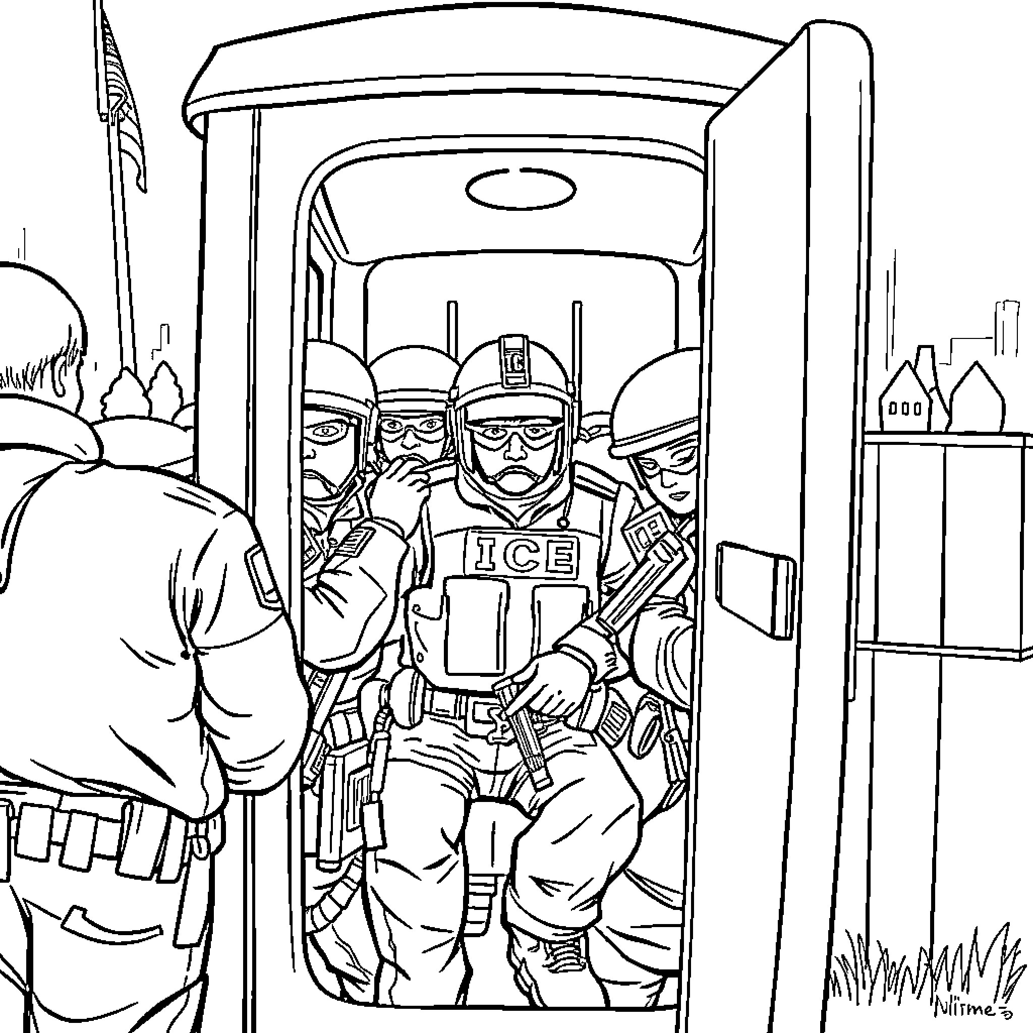 Ice Agent Mobilizing for Action in the Field Coloring Page (free black-and-white line drawing printable PDF for all, from beginners to advanced learners, including children, teens, adults, and seniors)