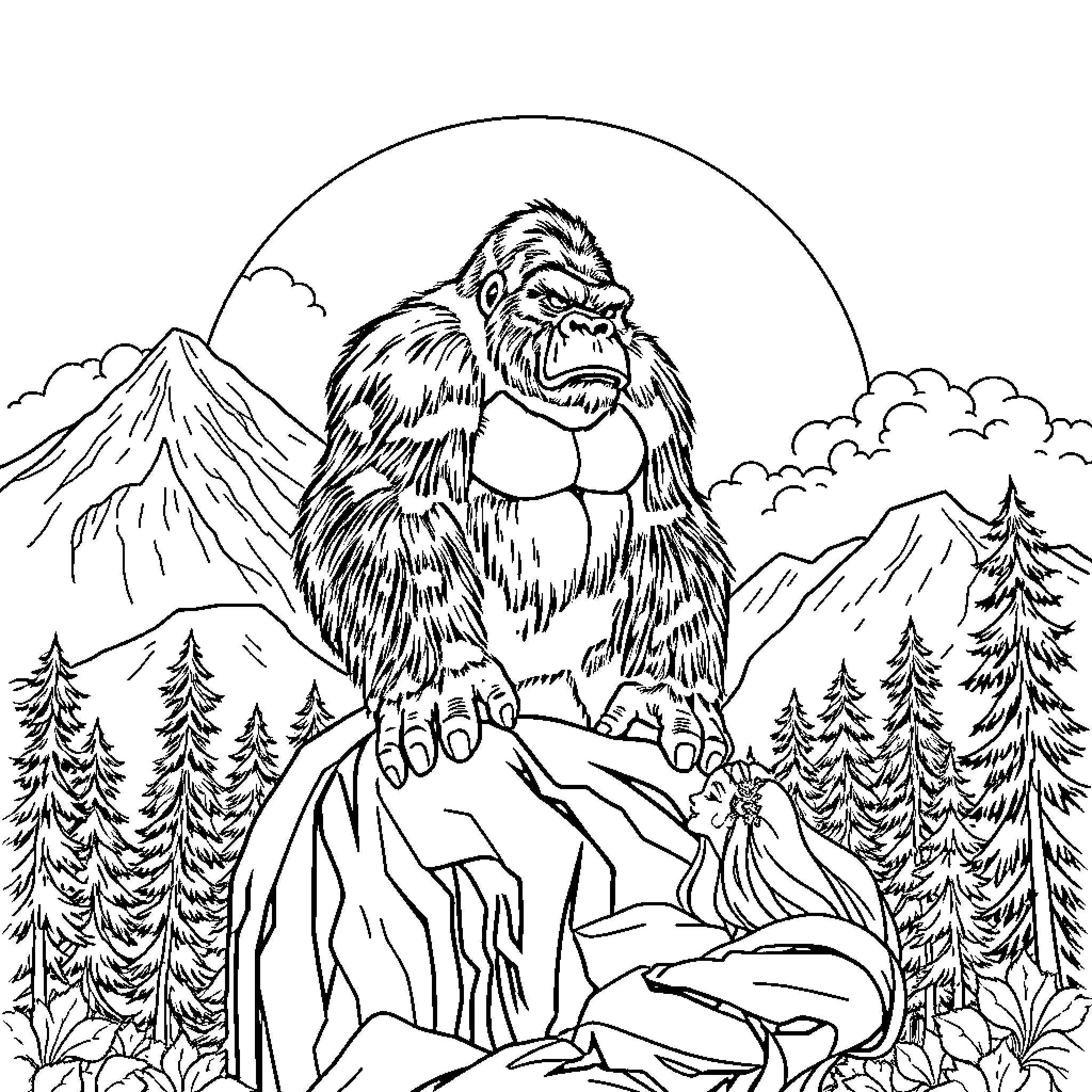 King Kong Roars Atop a Towering Mountain Landscape Coloring Page (free black-and-white line drawing printable PDF for all, from beginners to advanced learners, including children, teens, adults, and seniors)