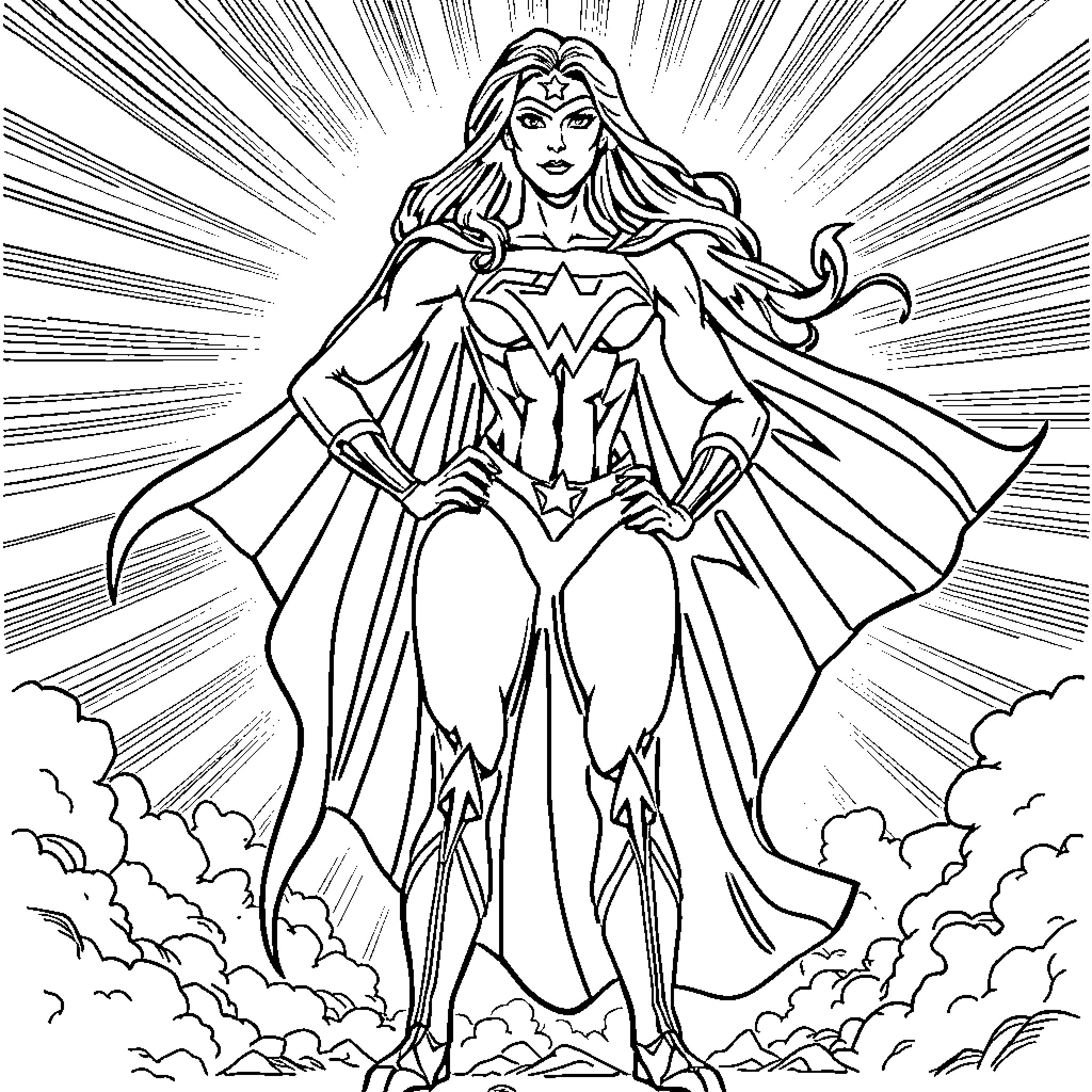 Superwoman in Heroic Pose against Radiant Sky Coloring Page (free black-and-white line drawing printable PDF for all, from beginners to advanced learners, including children, teens, adults, and seniors)